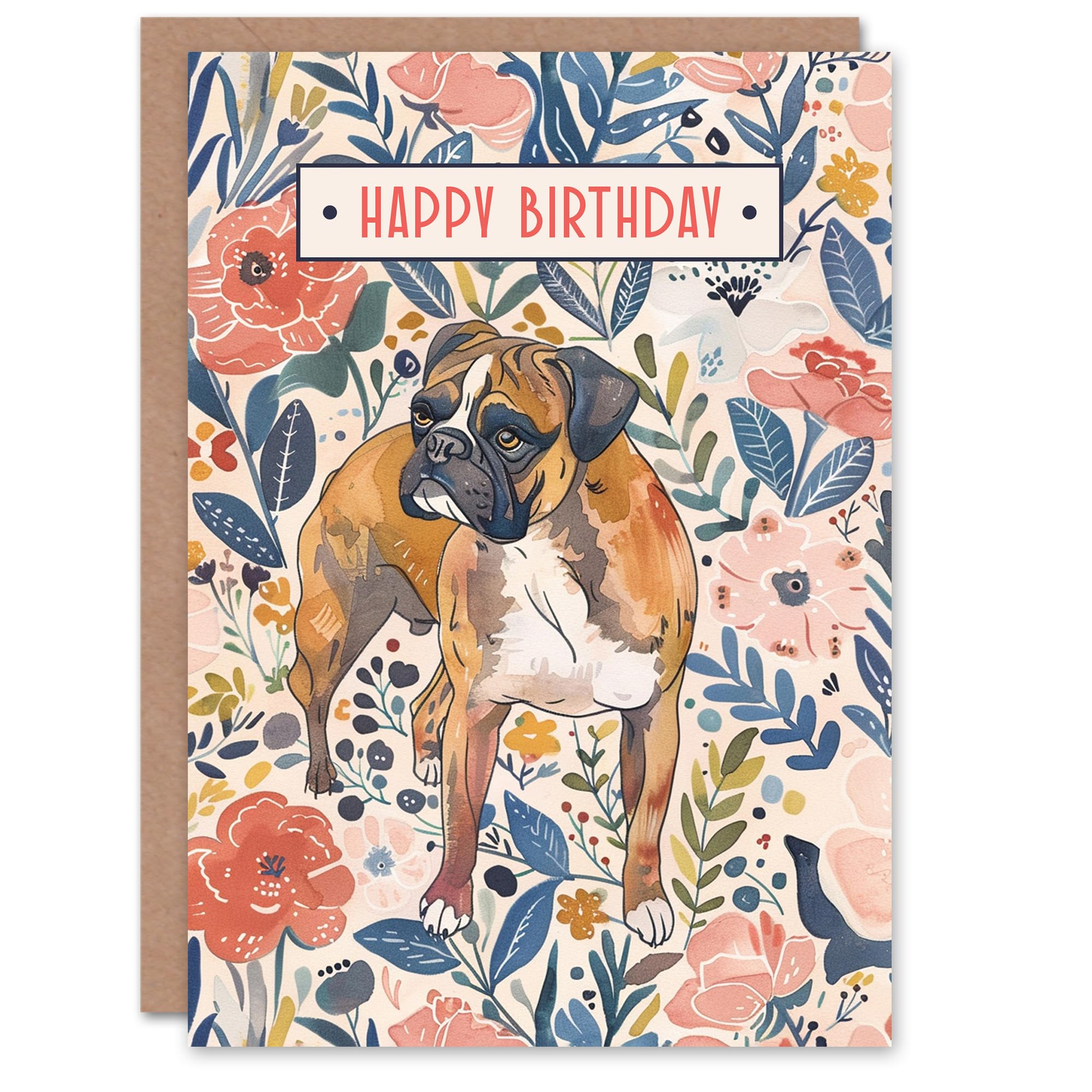 Artery8 Greeting Card - Dog Lover Boxer Floral Pattern Birthday Card - Pink