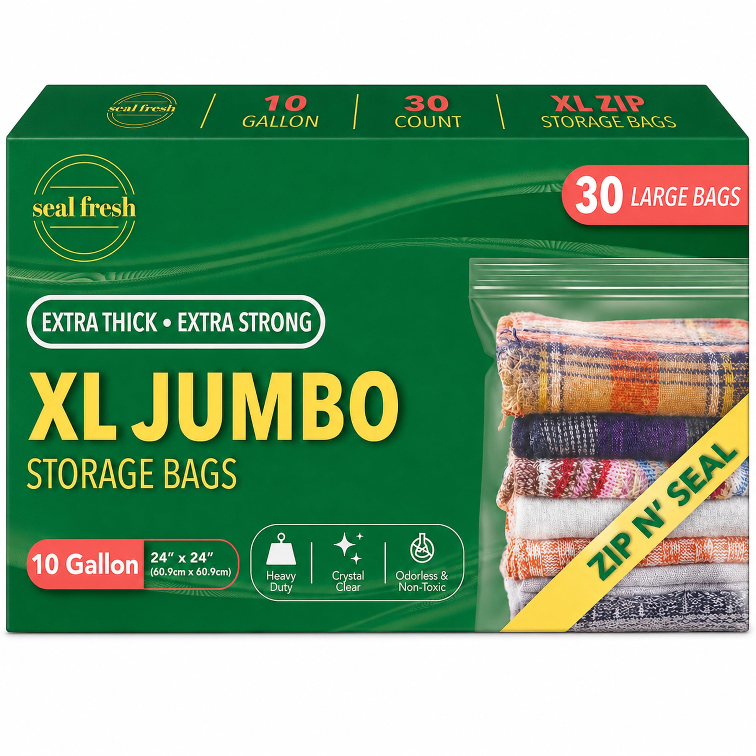 Seal Fresh Bolsas de almacenamiento de plástico grandes de 10 galones, 24 x 24 pulgadas (30 unidades) – Bolsas reutilizables XXL extra grandes y resistentes transparentes con cierre de cremallera para