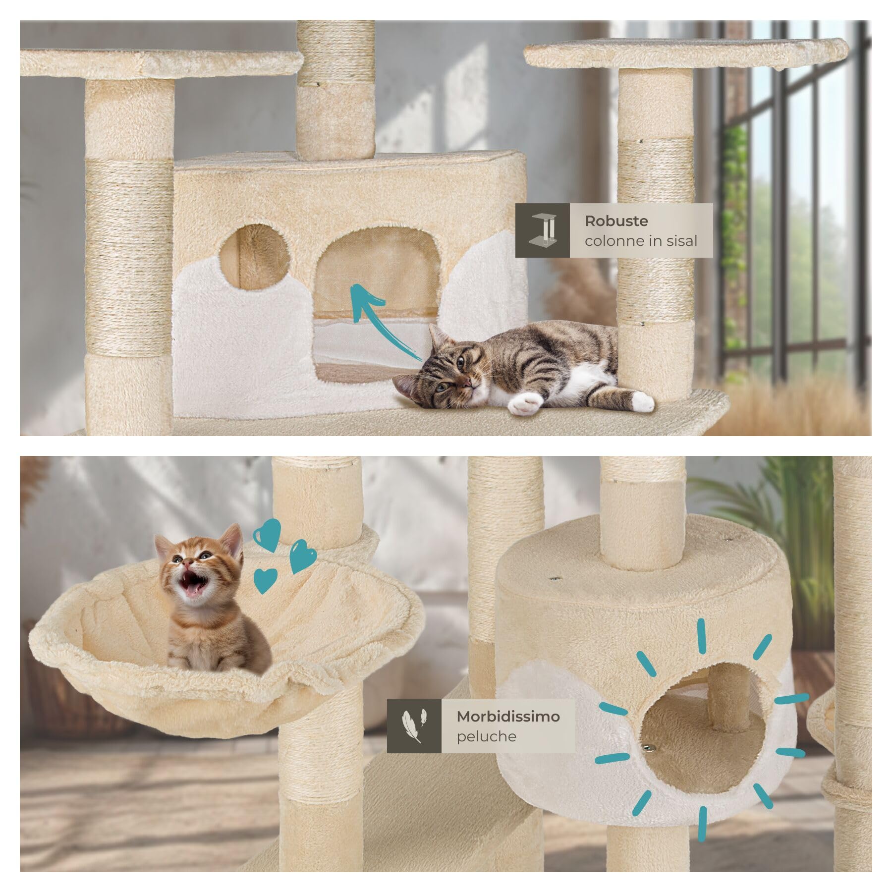 tectake® Tiragraffi per Gatti, Albero con 2 Casette, 4 Piattaforme, Tiragraffi con Amaca per Gatti, Albero con Conche Orientabili e Cordicella per Gioco - 201 cm - Beige/Bianco