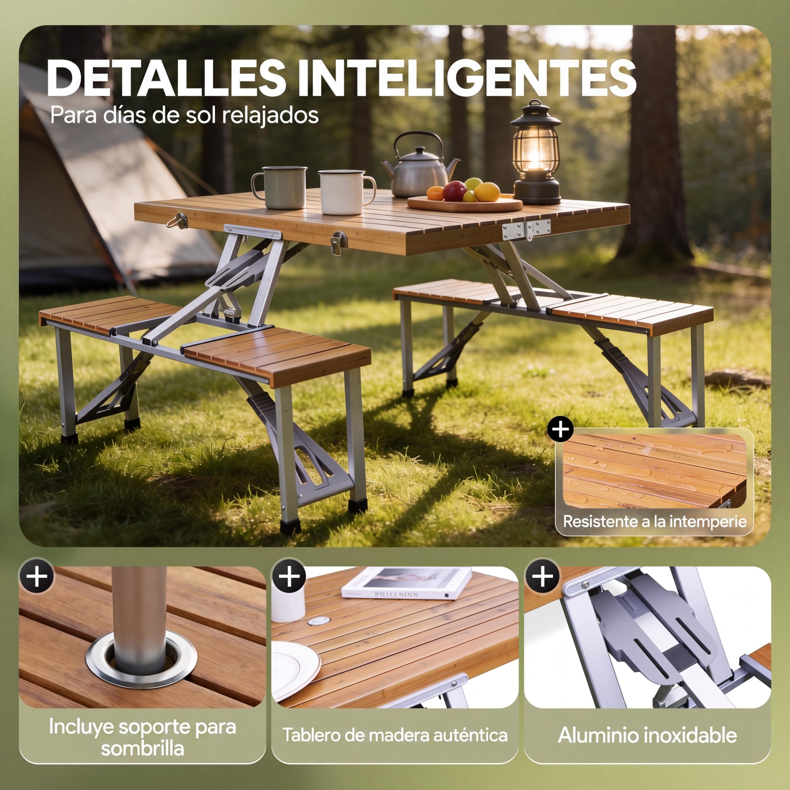 CASARIA® Set de Mesa Plegable Camping y 4 Asientos Madera Función Maleta Compacta Asa de Transporte Orificio para Sombrilla Resistente Intemperie Ideal Picnic Acampada Vacaciones Excursión Festivales