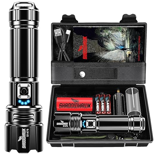 Shadowhawk Ultra Powerful LED Torch, 1,000,000 Lumens Rechargeable Flashlight with 5000mAh Battery, XHP70.2 Tactical Lamp, IP67 Waterproof 5 Lighting Modes for Camping Hiking Emergency
