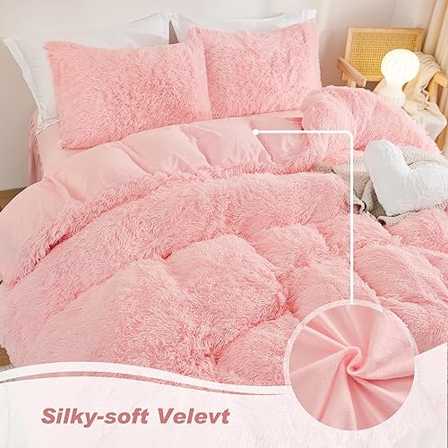 Miniatura 3 de annadaif Juego de funda de edredón esponjosa tamaño matrimonial, funda de edredón de pelo sintético lanudo rosa con cierre de cremallera (1 funda de