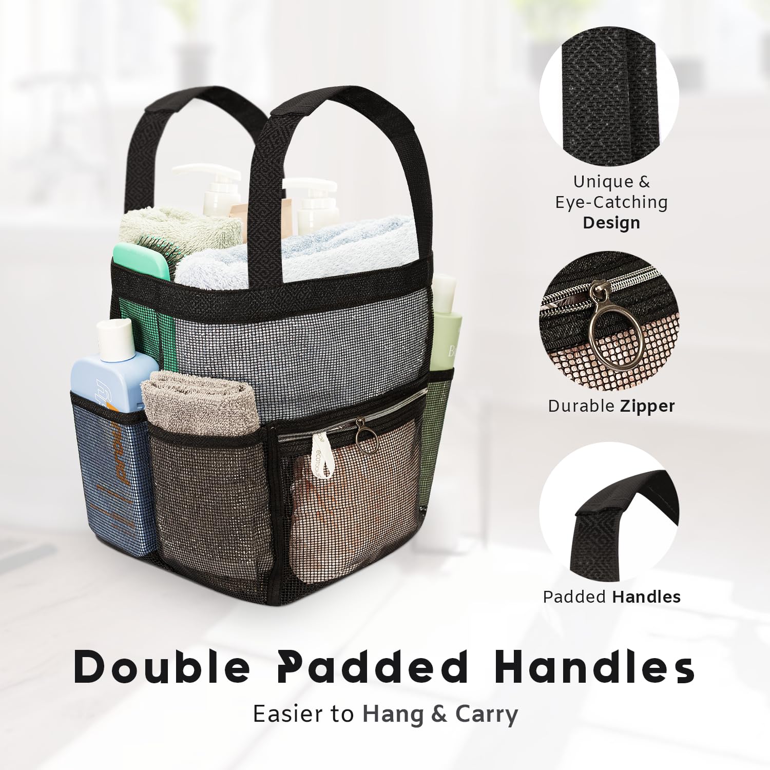 DV Lifestyle Mesh Shower Caddy Dorm, 7 Pockets & 1 with Zipper, Bathroom Tote with Padded Handles, Portable Travel Bath Bag - Image 4