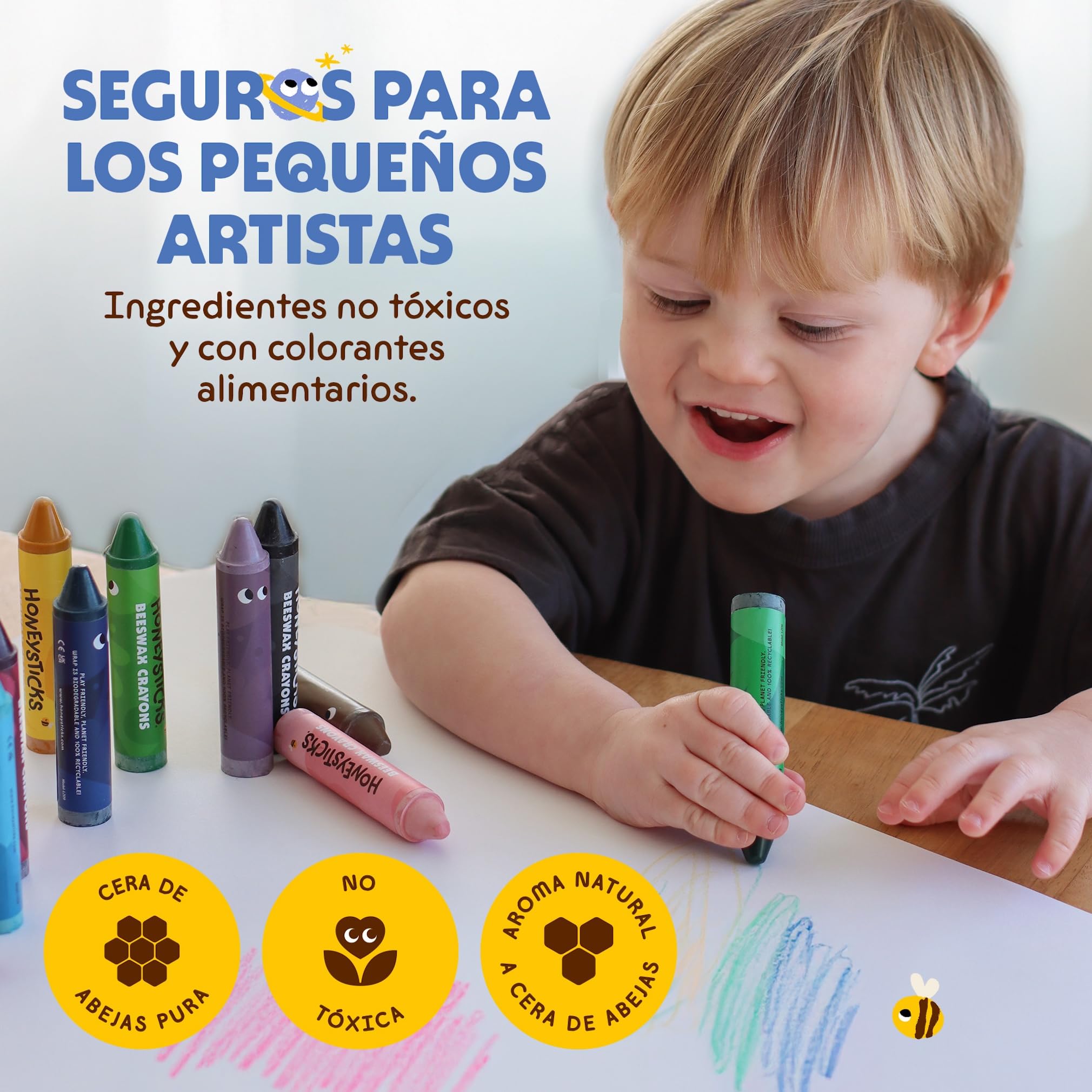 Honeysticks Lapices Super Jumbo Crayons (Paquete de 12) - Lapices cera abeja 100%, colores calidad alimentaria, 1-3 años, irrompibles, extra grandes, fáciles de sujetar y usar, ecológicos