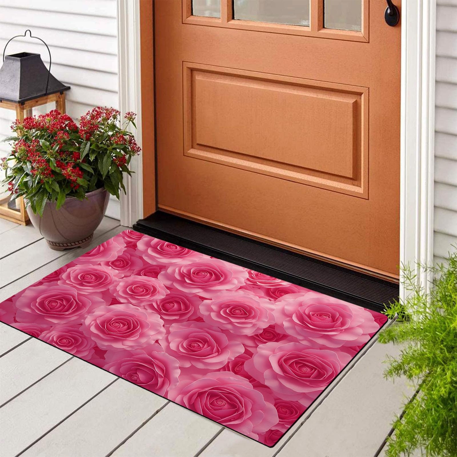Tapis Entree Interieur Romantique Floral 60x90cm Lavable en Machine, paillasson AntidéRapant Poil Ras, Aquarelle Rose pour Chambre Salle a Manger Cuisine, Rose Vif
