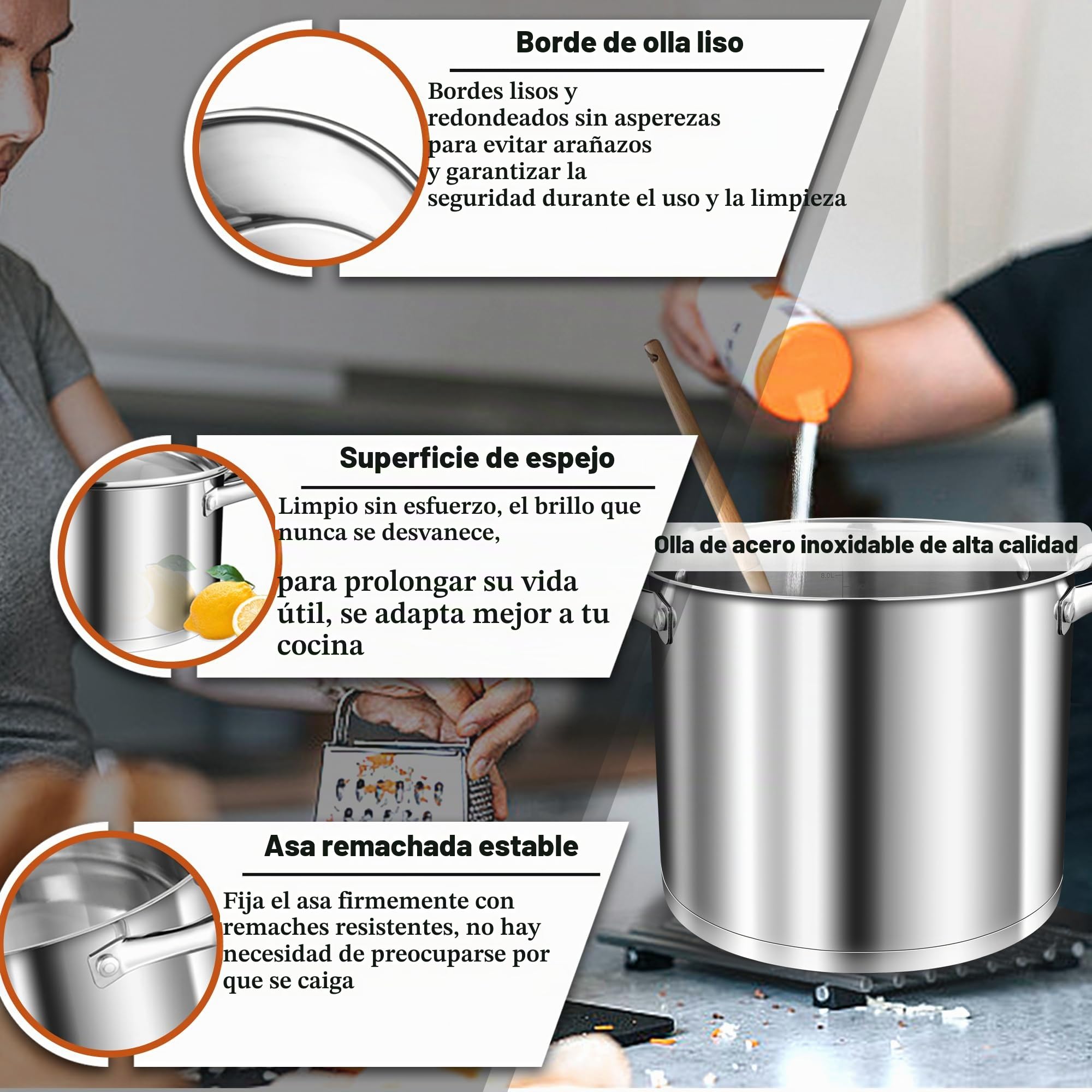 TEAMFAR olla 10L, olla grande de acero inoxidable para pasta de inducción con base de 3 capas para todo tipo de cocinas, tapa de cristal, olla sopera de 24cm olla para carne para cocinar