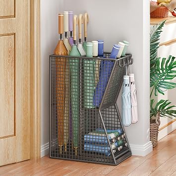 Commercial Metal Umbrella Stand Indoor Large-Capacity Entrance Umbrella Storage Rack with Removable Drip Tray Indoor Hotel Corridor Entrance Metal Stand Rack for Hotel,OfficesBlack