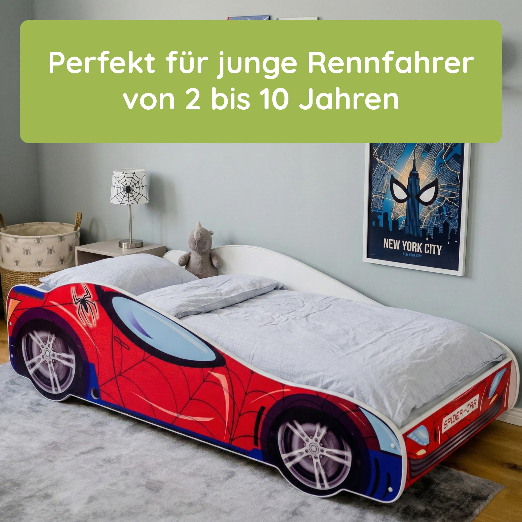 Kids Collective Autobett Kinderbett Jugendbett 70x140 | 80x160 mit Rausfallschutz & Matratze | Kinder Spielbett Rennfahrer