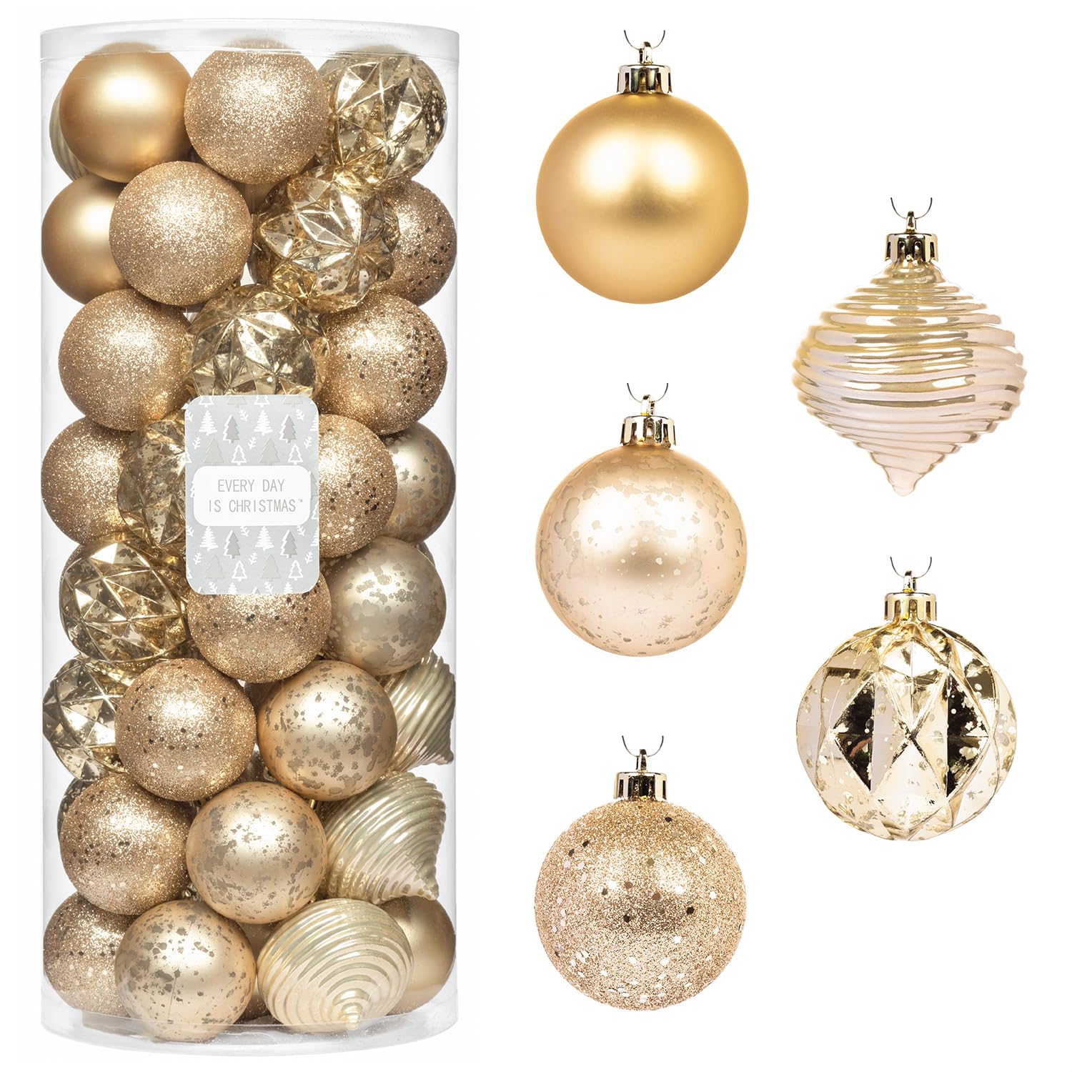 Every Day is Christmas Ornaments, Shatterproof Christmas Tree Ornament Set, Christmas Balls Decoration 50 Count (2.24"/57mm, New Gold)