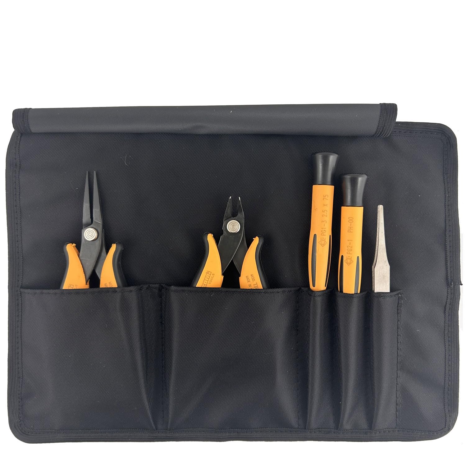 Set Composto da 5 Utensili – Pinza Becchi Lunghi, Utensile Taglio Raso, Pinzetta e 2 Giraviti di Precisione – In Astuccio Nylon Nero richiudibile – Made in Italy