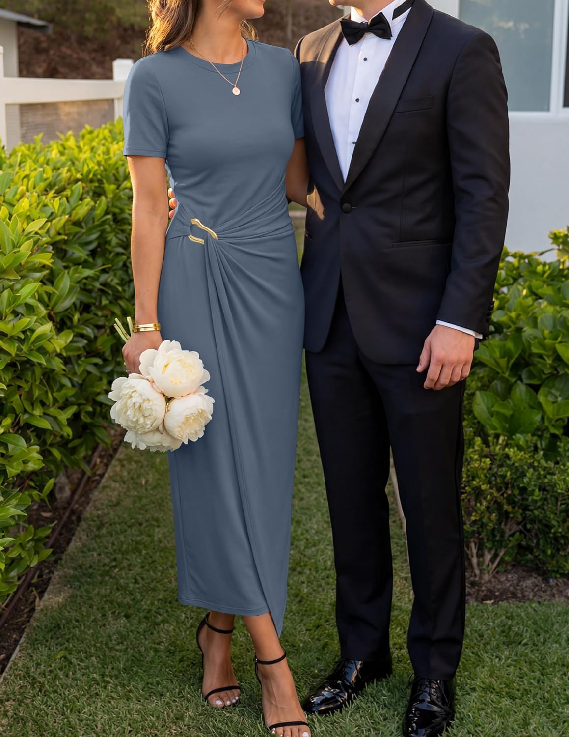 ZESICA Women's 2026 Summer Short Sleeve Bodycon Midi Dress Crewneck Ruched Split Wedding Guest Cocktail Wrap Dresses - Image 2