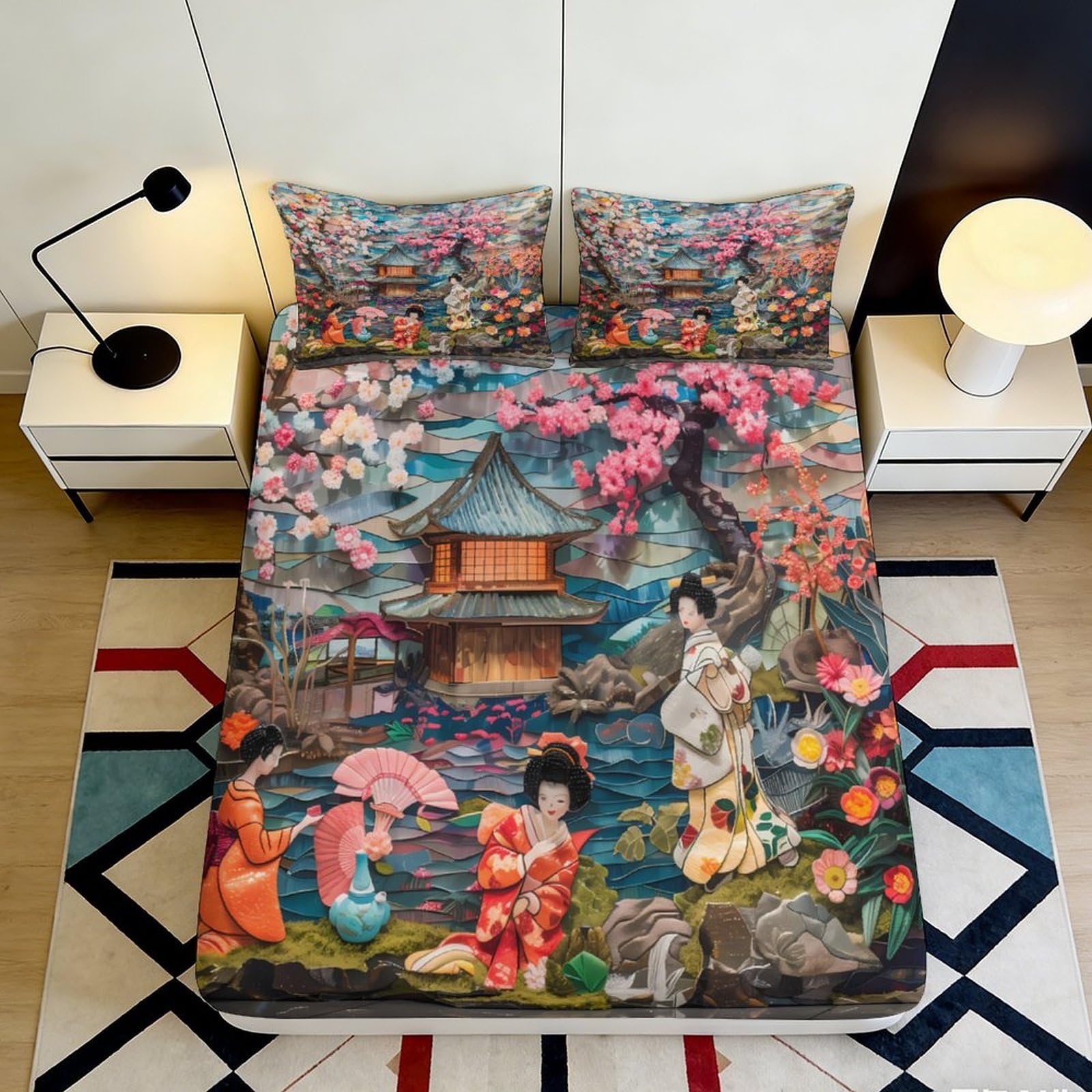 3D Printed Japanese Sakura Fitted Sheet Microfiber Soft Art Temple Bed Cover for Bedroom Guest Room Decor 90x200x25cm