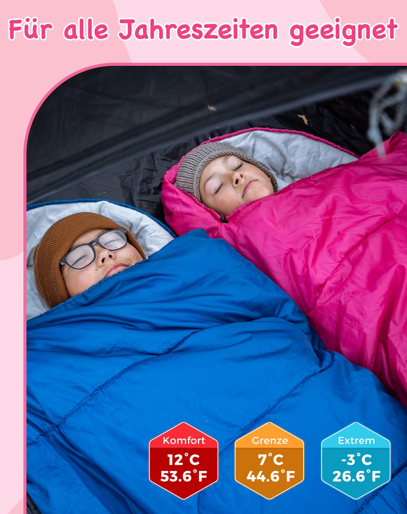 KingCamp Kinderschlafsack 3 Jahreszeiten Deckenschlafsack für Kinder 100-140cm Leicht Warm für Camping und Wandern mit Tragetasche