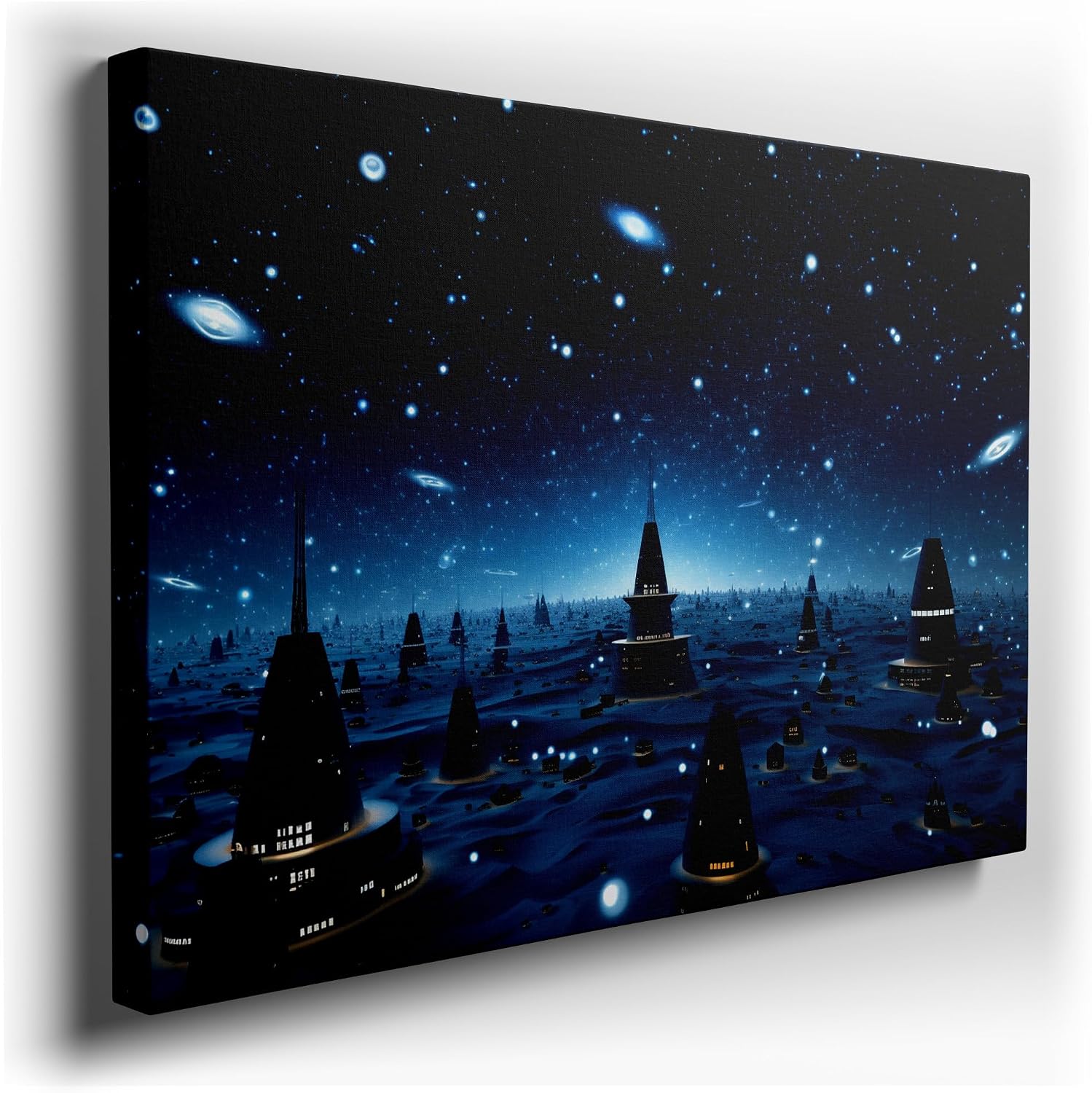 Canvas for Living room. Stargazing in the City of Pyramids: A Nighttime Odyssey Through an Alien Metropolis, 27 x 18 inch Canvas Wall Art - Modern Home Decor