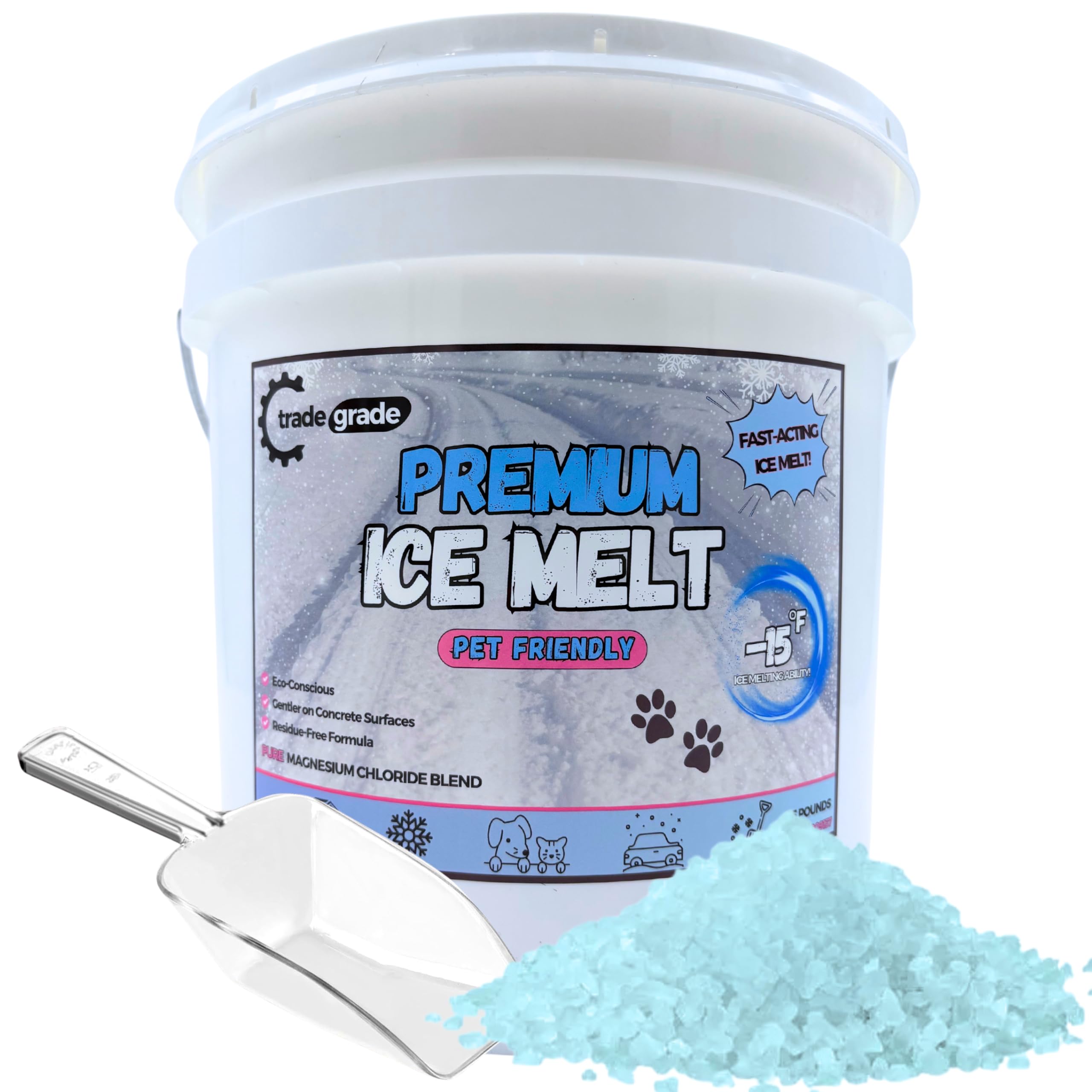Pet-Friendly Ice Melt - Fast Acting Magnesium Chloride Formula, Safer for Pets & Surfaces, 15lb Bucket with Scoop