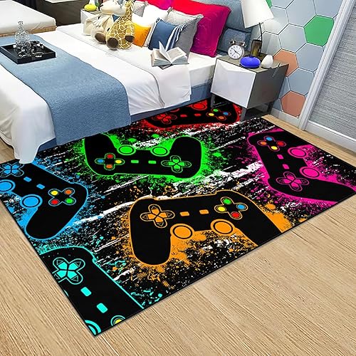 Miniatura 3 de Alfombra de área de jugadores para comedor, habitación de los niños, alfombra de gamepad dibujada a mano verde para adolescentes, alfombra de piso