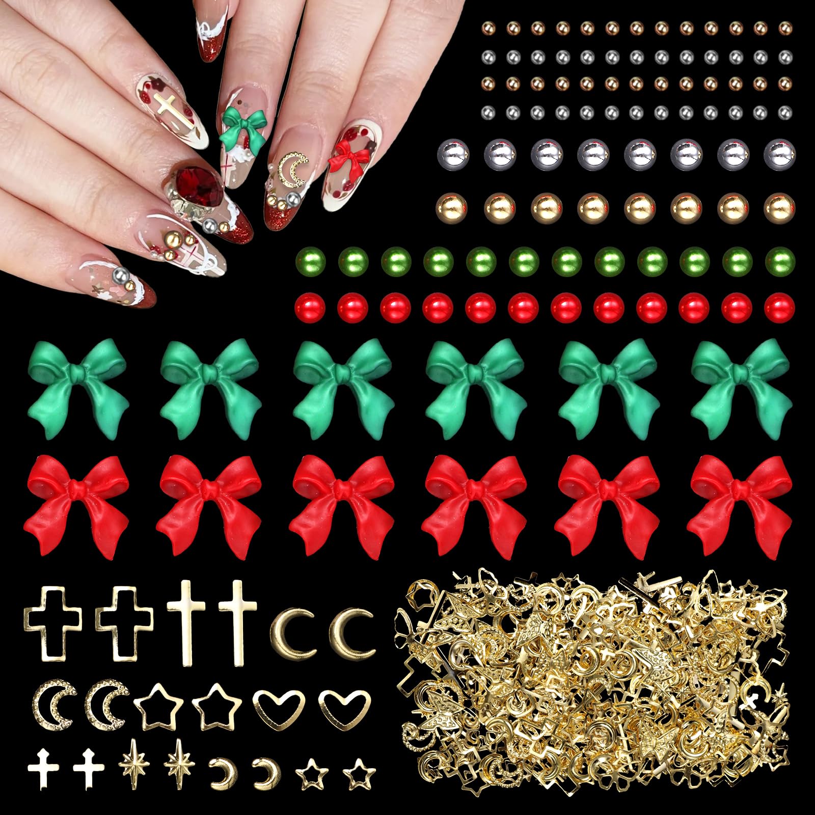 Christmas 3D Red Bow Nail Charms Pearls, Bowknot Acrylic Nail Charms