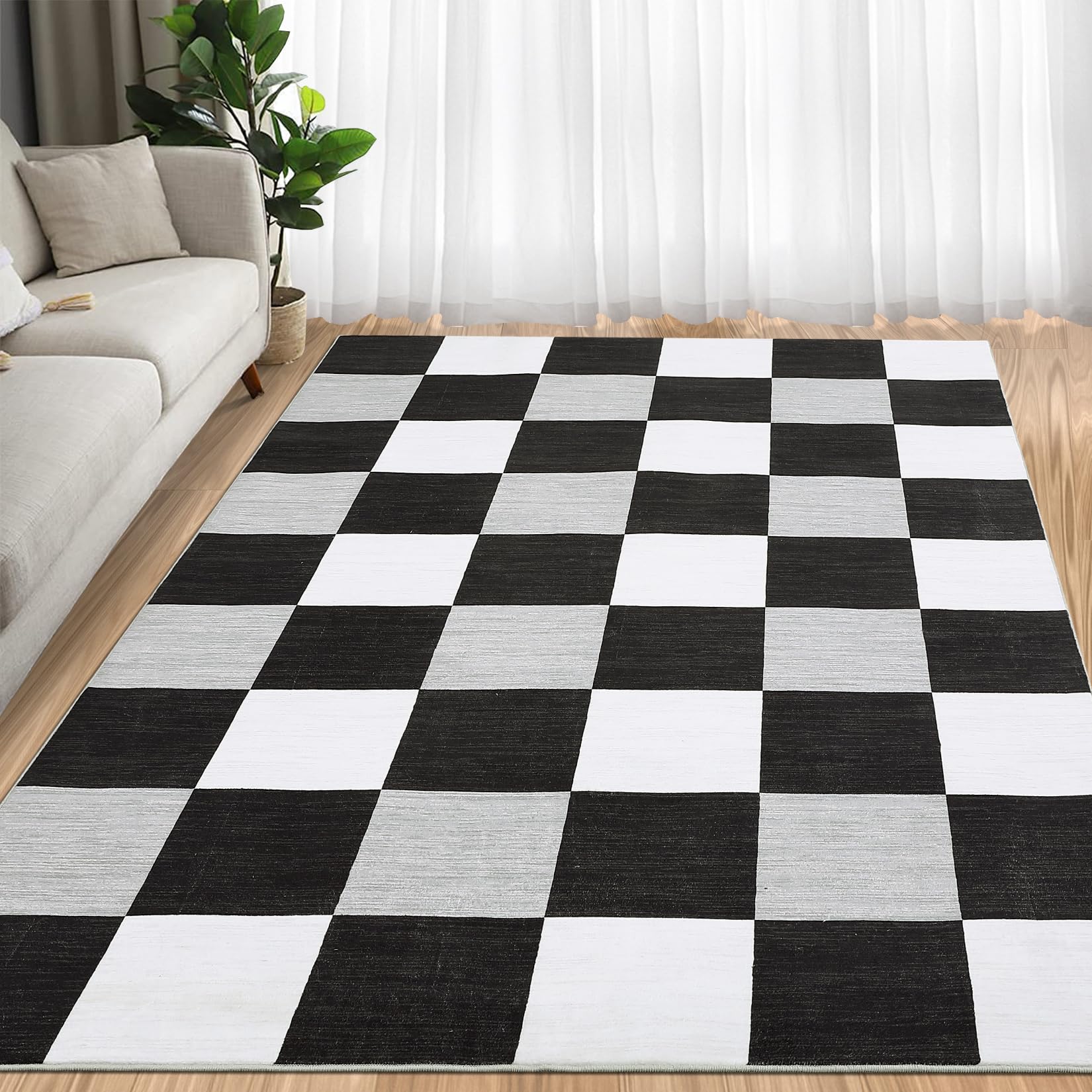 Washable Rug 8x10 Rug for Living Room Modern Checkered Rug Minimalist Rug Stain Resistant Non-Slip Accent Rug Geometric Plaid Table Rug Farmhouse