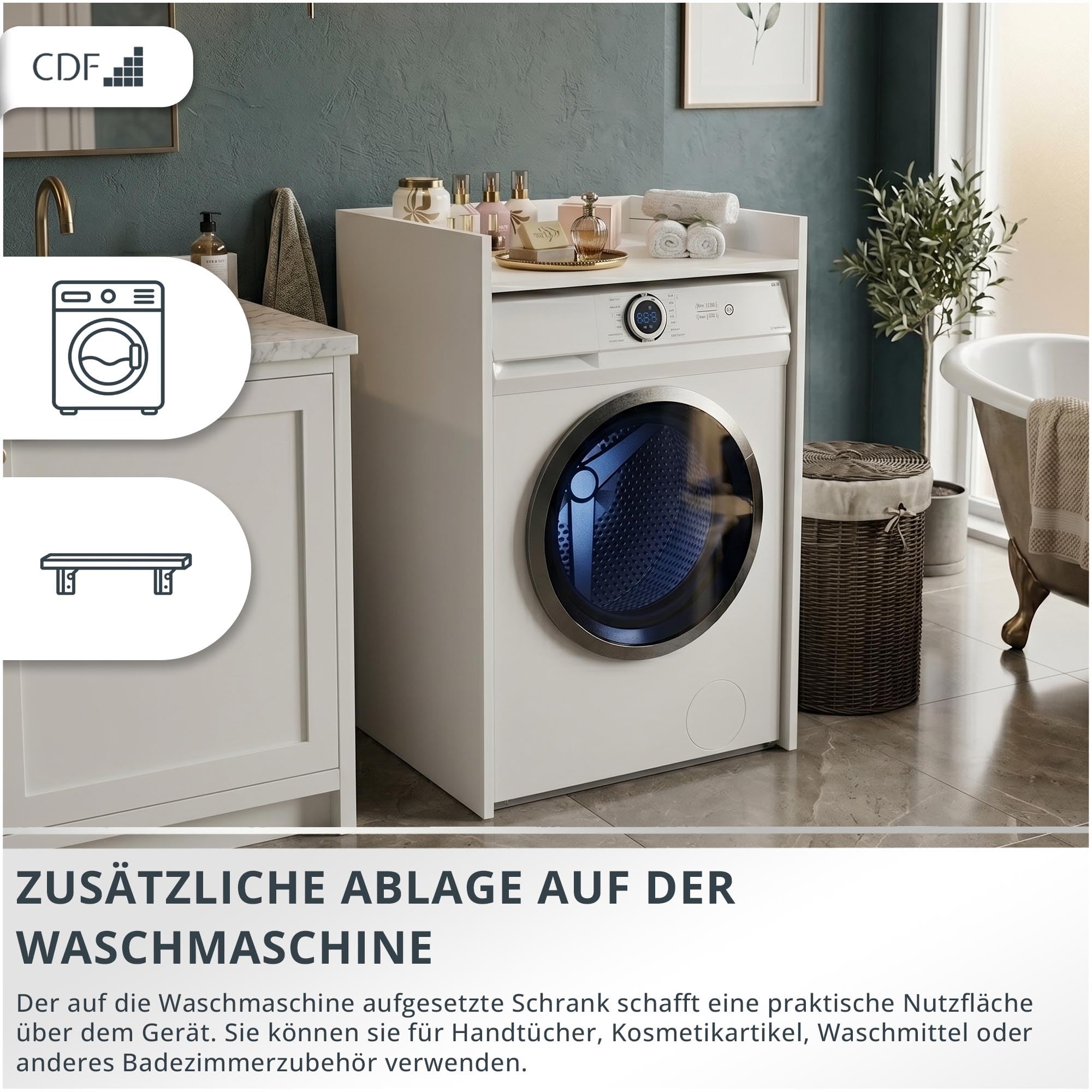 CDF Waschmaschinenschrank für Waschmaschine Wäschetrockner Überbauschrank Badezimmermöbel Midischränke mit Stauraum für Trockner oder Geräte Bad/WC Schrank Weiß H: 97,5 cm 97,5x64x50cm