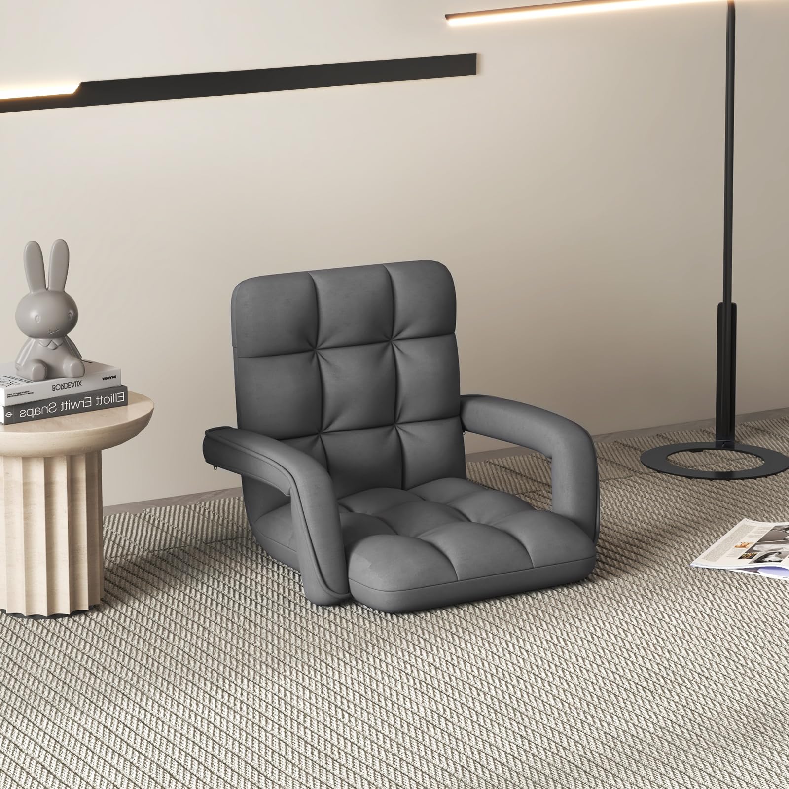 GOPLUS Bodenstuhl, gepolstertes Bodensofa mit Armlehnen & 6-Fach Verstellbarer Rückenlehne, Bodensessel mit Metallrahmen, Meditationsstuhl Lesesessel Loungesessel für Wohnzimmer, Grau