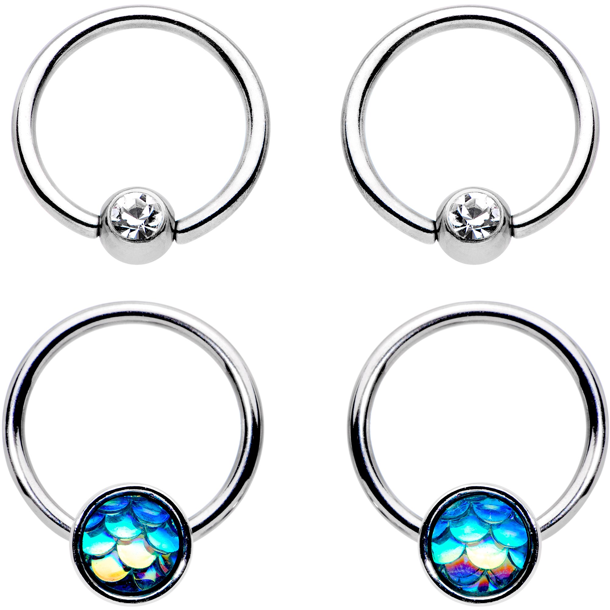 Body Candy Steel Clear Accent Mermaid Scale BCR Captive Nipple Ring Set of 4 14 Gauge 9/16"
