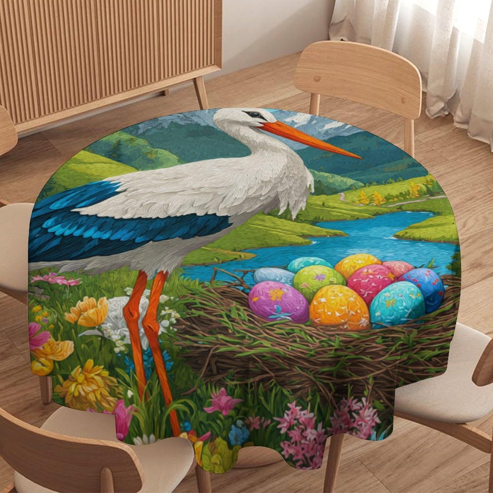 LUYYSKY Retro Watercolor Bird Crane Waterproof Round Tablecloth Modern Abstract Spring Landscape Colorful Eggs Animal Crane Washable Table Cover for Kitchen-127 Wx127 L cm