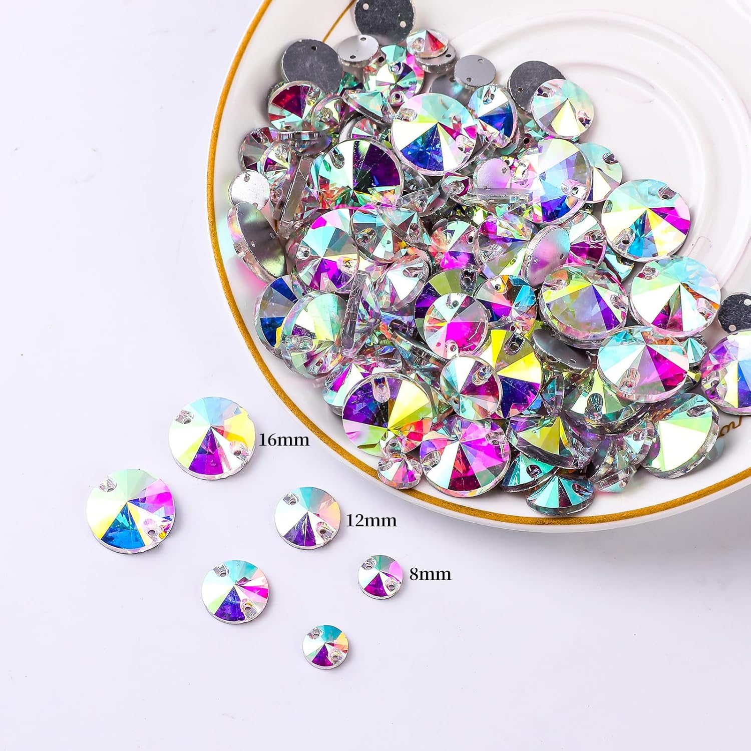 SWTHONY 16mm AB Round Sew On Rhinestones for Crafting, 32pcs Crystal Glass Gems Silver Plated Flatback Jewels with 2 Holes for Crafts Clothes Fabric - Image 3