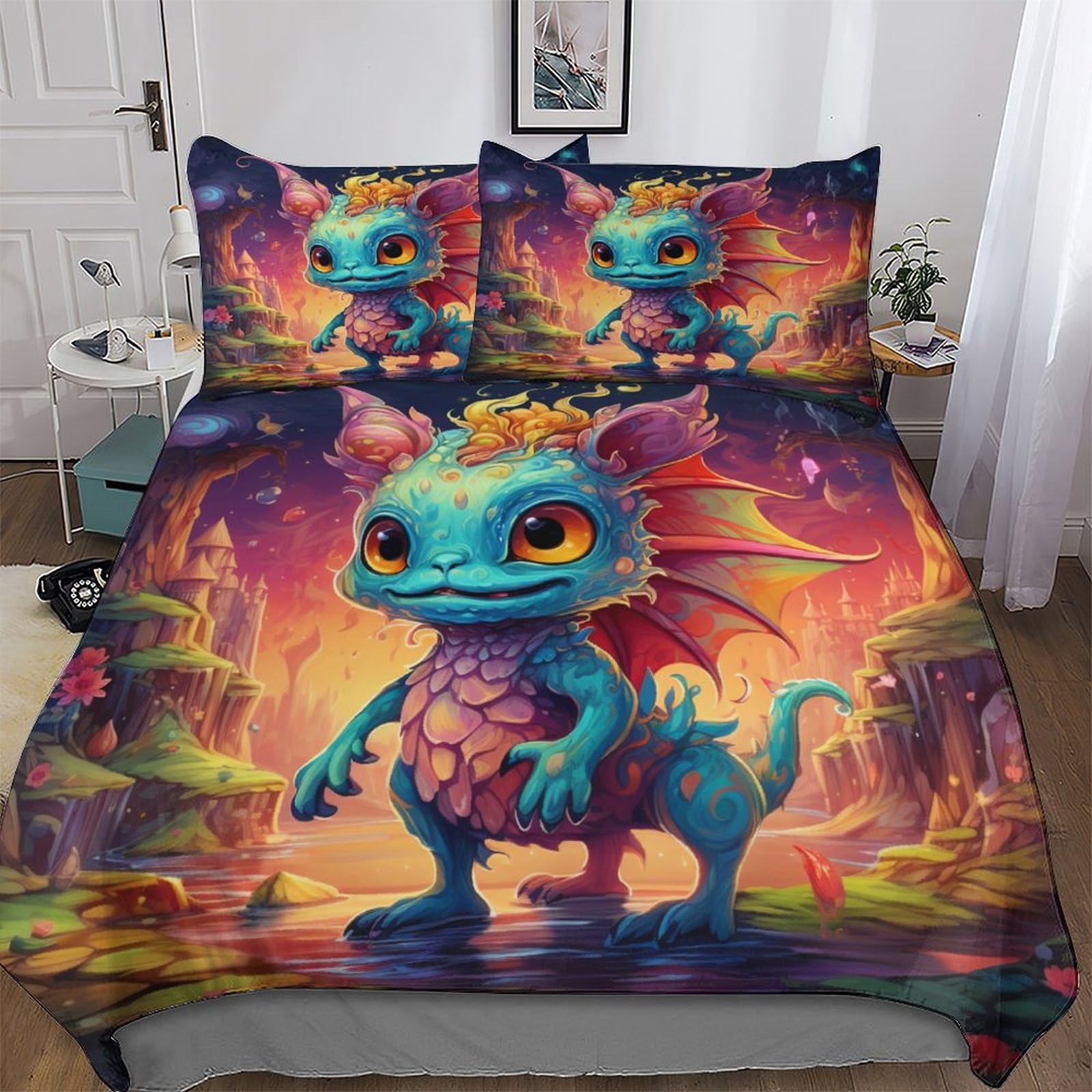 Housse de couette ptérosaure 3 pièces parure de lit microfibre king pour lit deux personnes