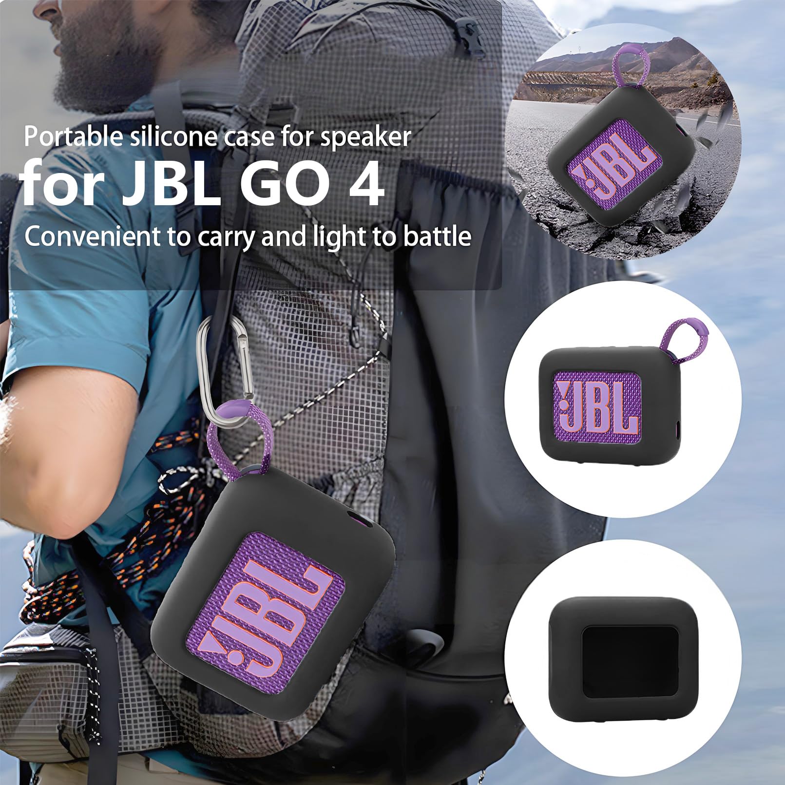 easyBee Etui do JBL Go 4 przenośne z karabińczykiem, płynny silikon, odporne na uderzenia, etui ochronne, głośnik, torba do przenoszenia, kolor czarny