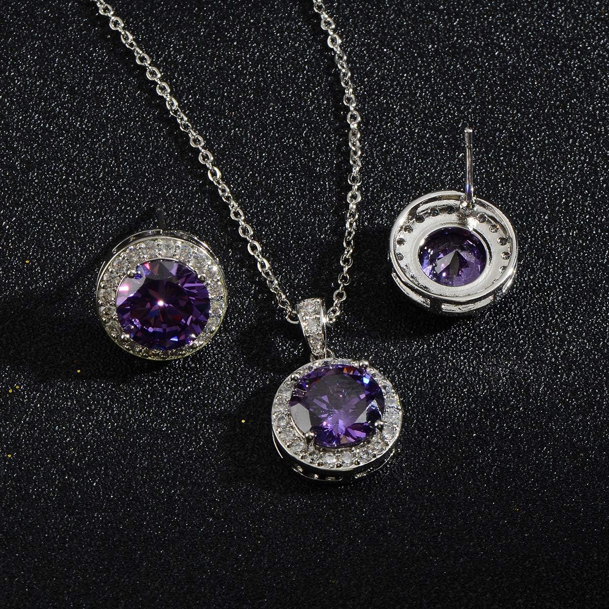Bridal Crystal Jewelry Set - Sterling Silver Round Cubic Zirconia CZ Rhinestone Halo Birthstone Pendant Necklace Stud Earrings Set for Wedding Bride Bridesmaids Birthday Gift - Image 6