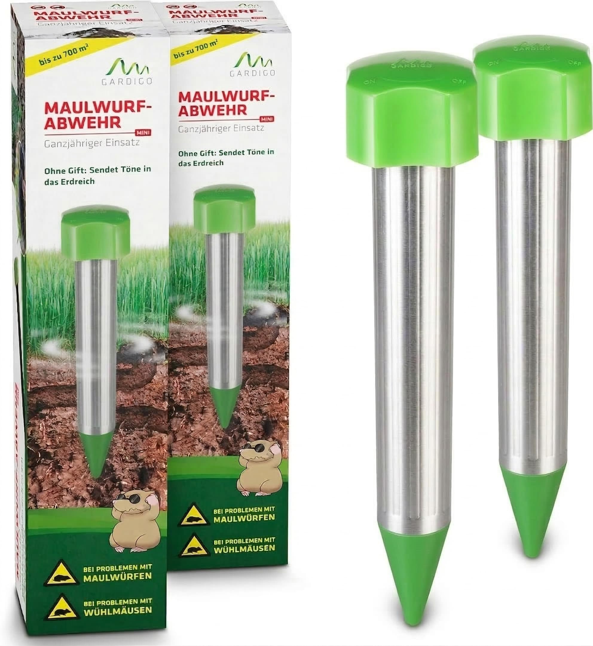 Gardigo® Mini Mole Repeller - Set of 2 | Battery Operated Mole Repeller | 400 Hz | Mole Repellent for the Garden | Battery Replacement Cylinder Simplifies Battery Change | Vole Deterrent