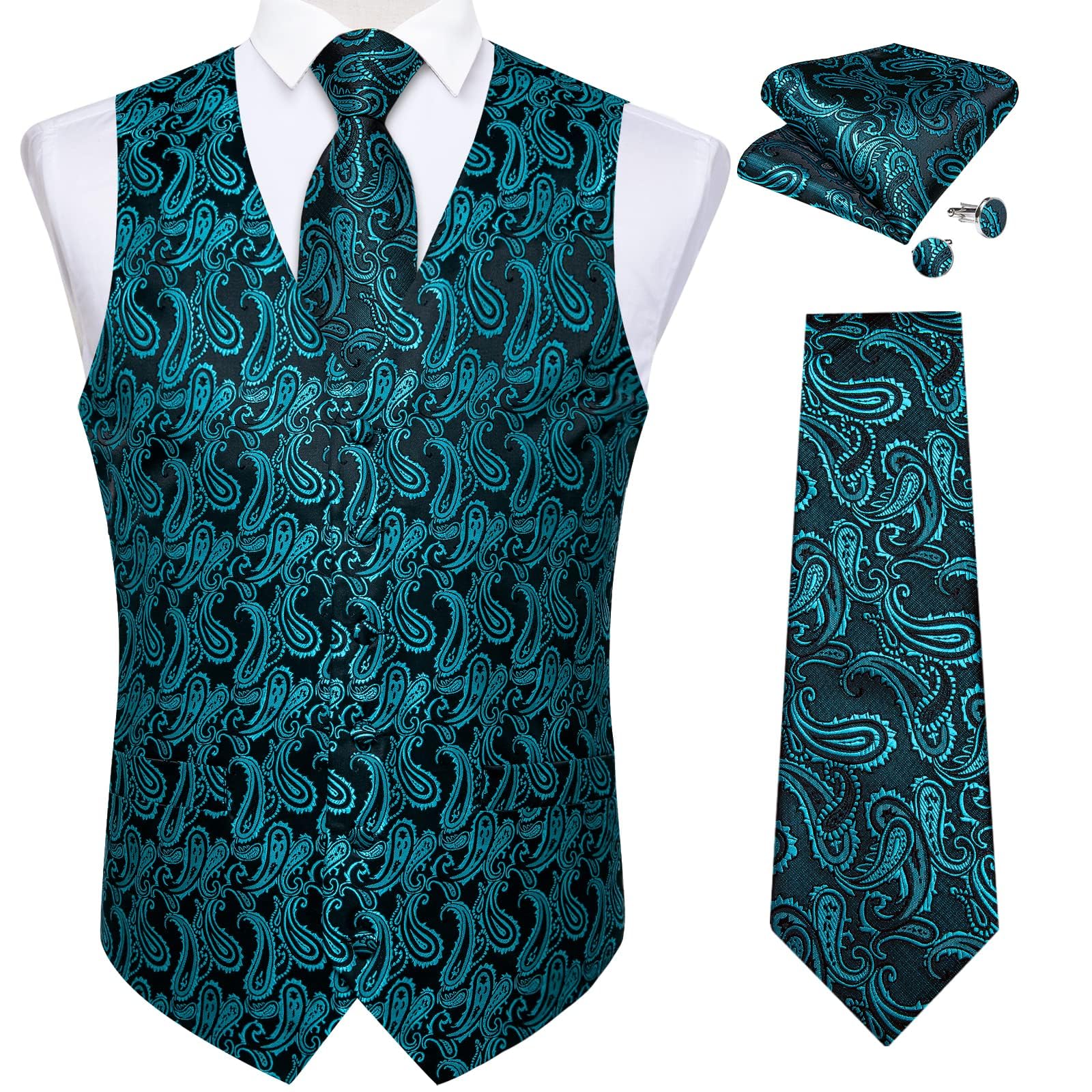 DiBanGu Mens Vest and Tie Set Formal Paisley Waistcoat and Necktie Pocket Square Cufflinks Silk Suit Vest for Tuxedo Wedding