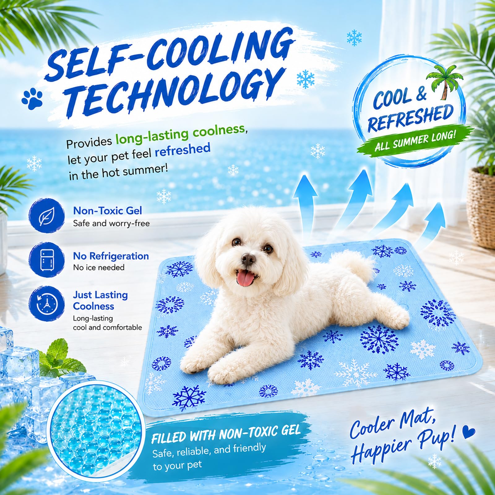 Alfombra Refrescante Perros y Gatos 50x40 cm, Alfombrilla Refrigerante con Gel no Tóxico, Cama Refrescante Perro Impermeable para Mascotas Pequeñas (Copos de Nieve Azules)