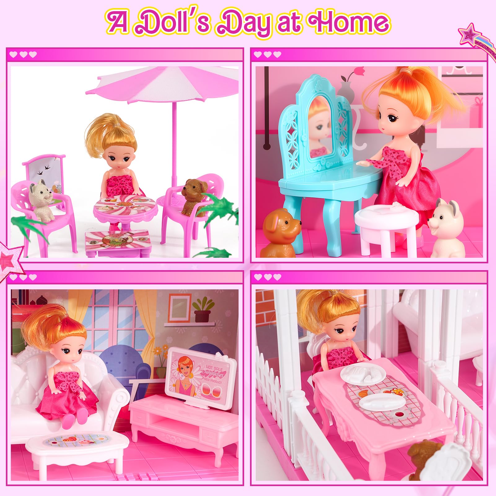 2 Piso Casa de Muñecas para Niñas con Muebles Casita de Muñecas DIY Juguetes Casa de Ensueño Miniatura Perros,Dormitorio,Comedor,Casa de Princesa de Regalo Juguete para Niños 3 4 5 6 Años