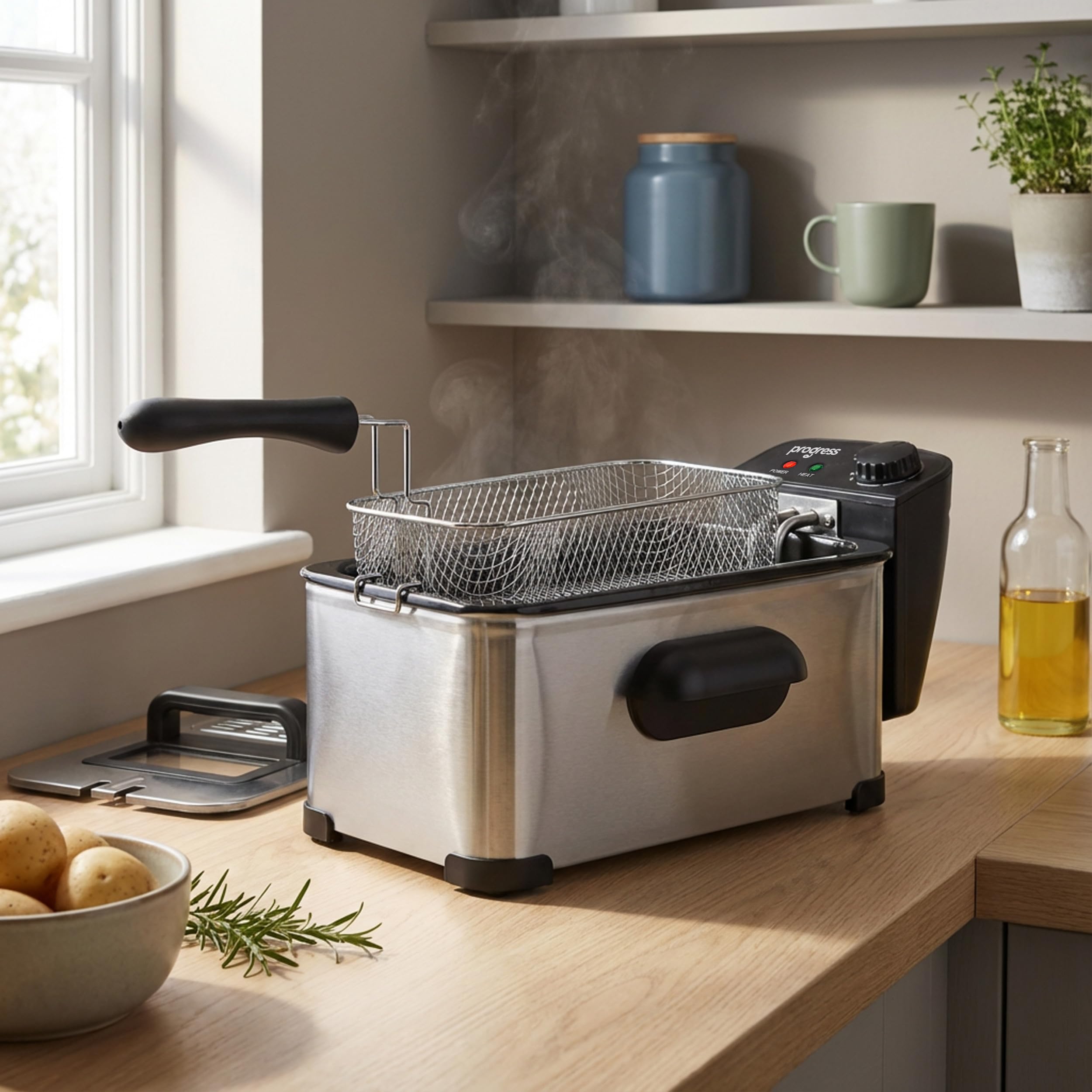 Progress Friggitrice elettrica - Friggitrice ad Olio da 3L - Cestello Rimovibile Antiaderente e Coperchio, 50-190°C, Finestra di Visualizzazione, Controllo della Temperatura Regolabile, 2000W