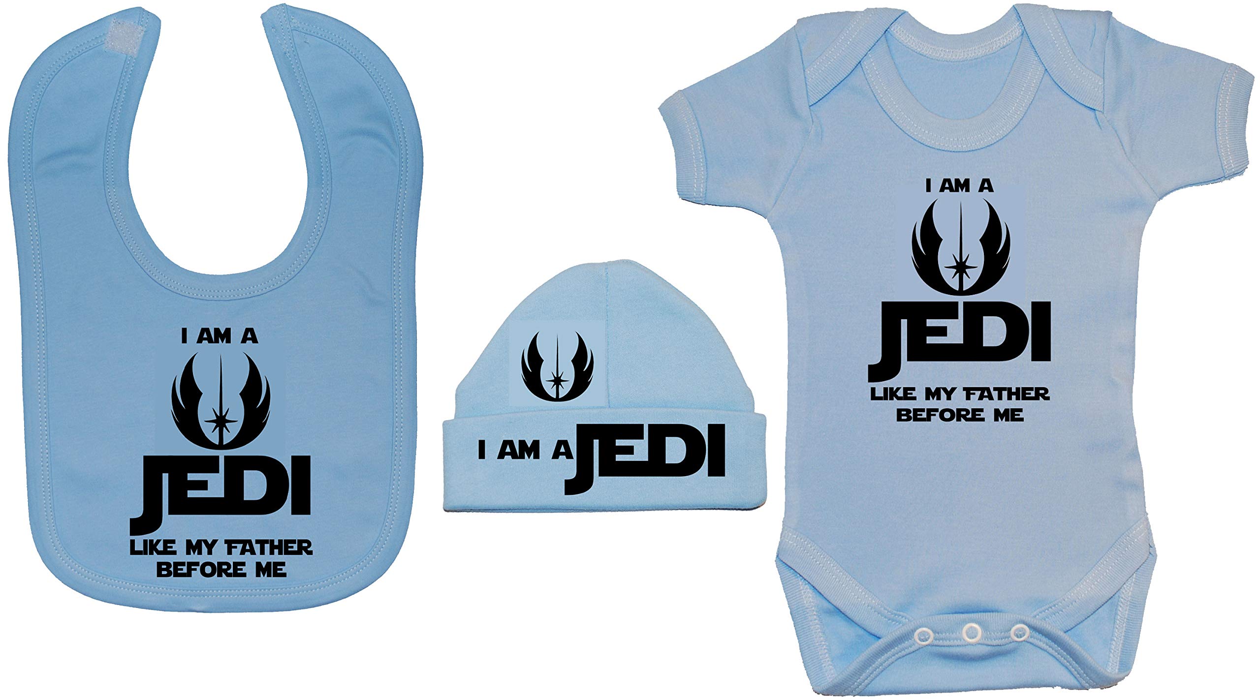 Acce Products I Am a Jedi Like My Father Before Me Baby Bodysuit/Romper, Feeding Bib & Beanie Hat/Cap - 3-6 Months - Blue