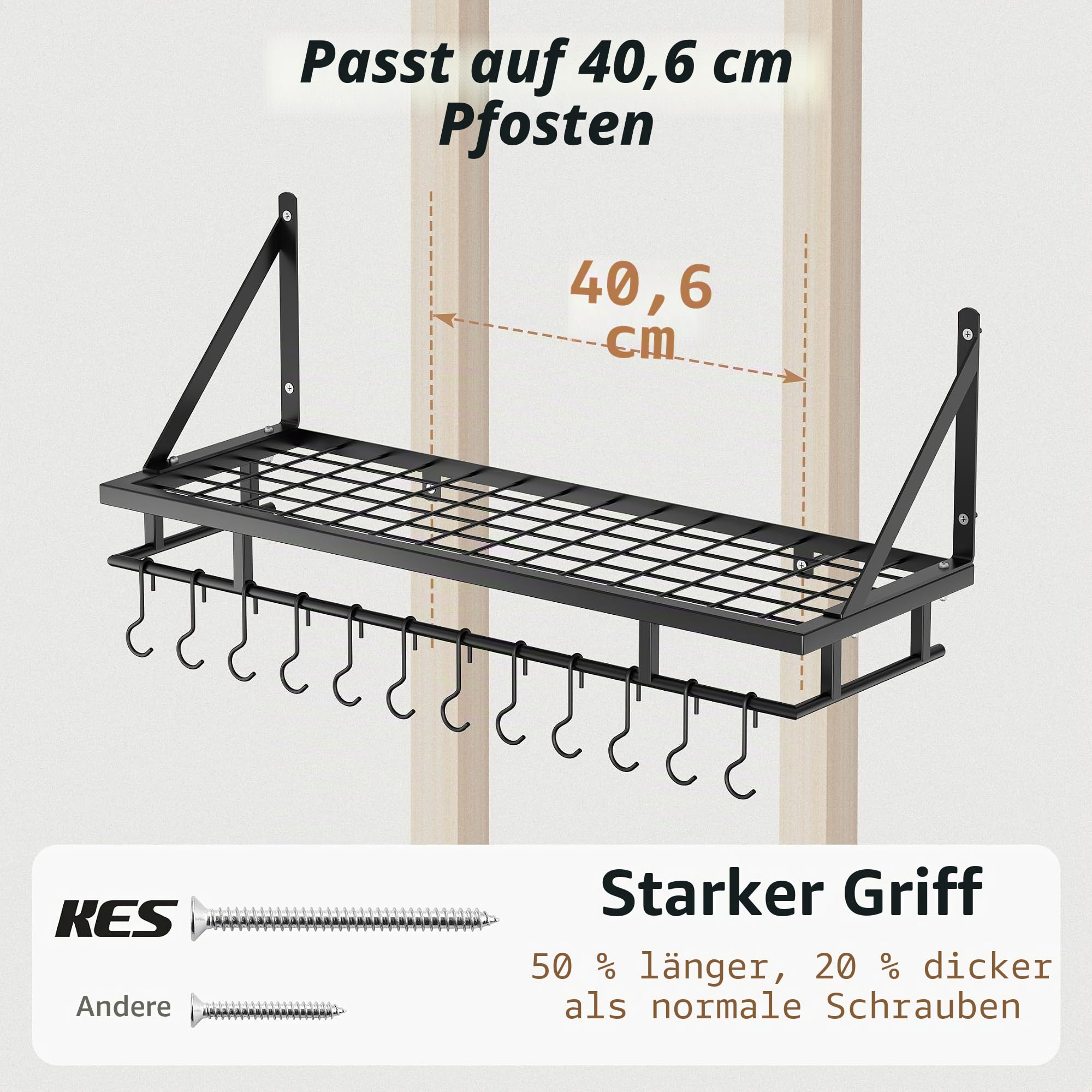 KES Küchenutensilienhalter Pfannenhalter Küchenregal Küche mit 12 Haken Hängeregal Gewürz Pfanne Regal Wandregal Küchenleiste 75CM Wandmontage Matt Schwarz, KUR215S75A-BK