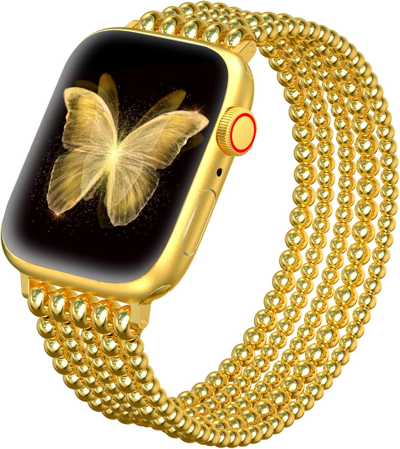 fastgo Gold Beaded Bracelet Band Compatible with Apple Watch Band 41mm/40mm/38mm/44mm/45mm/42mm/49mm Women, Dressy Elastic Stretchy Beaded Strap for Iwatch Series 9 Ultra 8 7 6 5 4 3 2 1 SE(Gold)