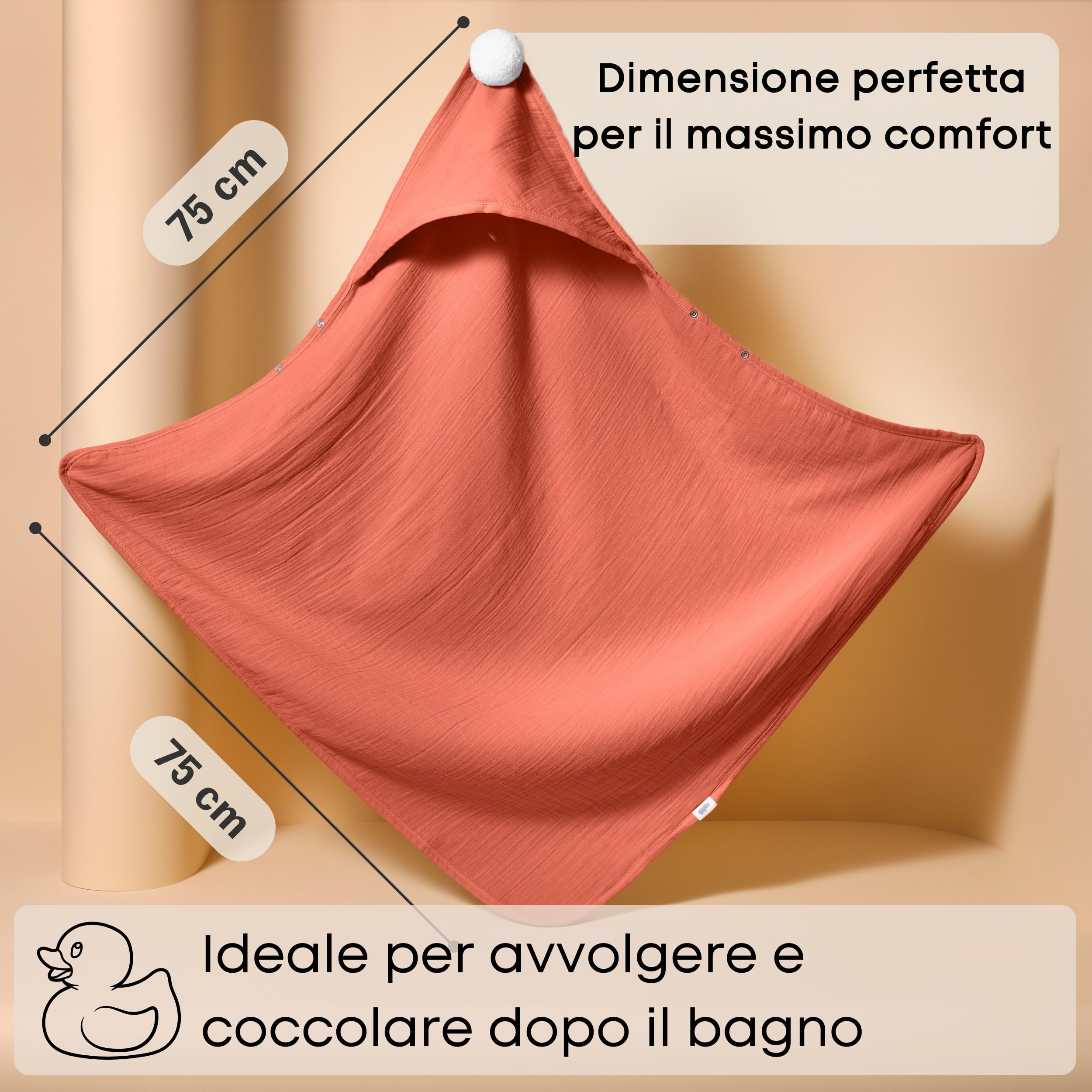 accappatoio neonato 0-3 mesi a 3 anni I 75x75cm I EXTRA morbido e assorbente I Mussola di cotone bio 4 strati GOTS I asciugamano neonato bagnetto I Lavabile 40°C I Asciugamano con cappuccio