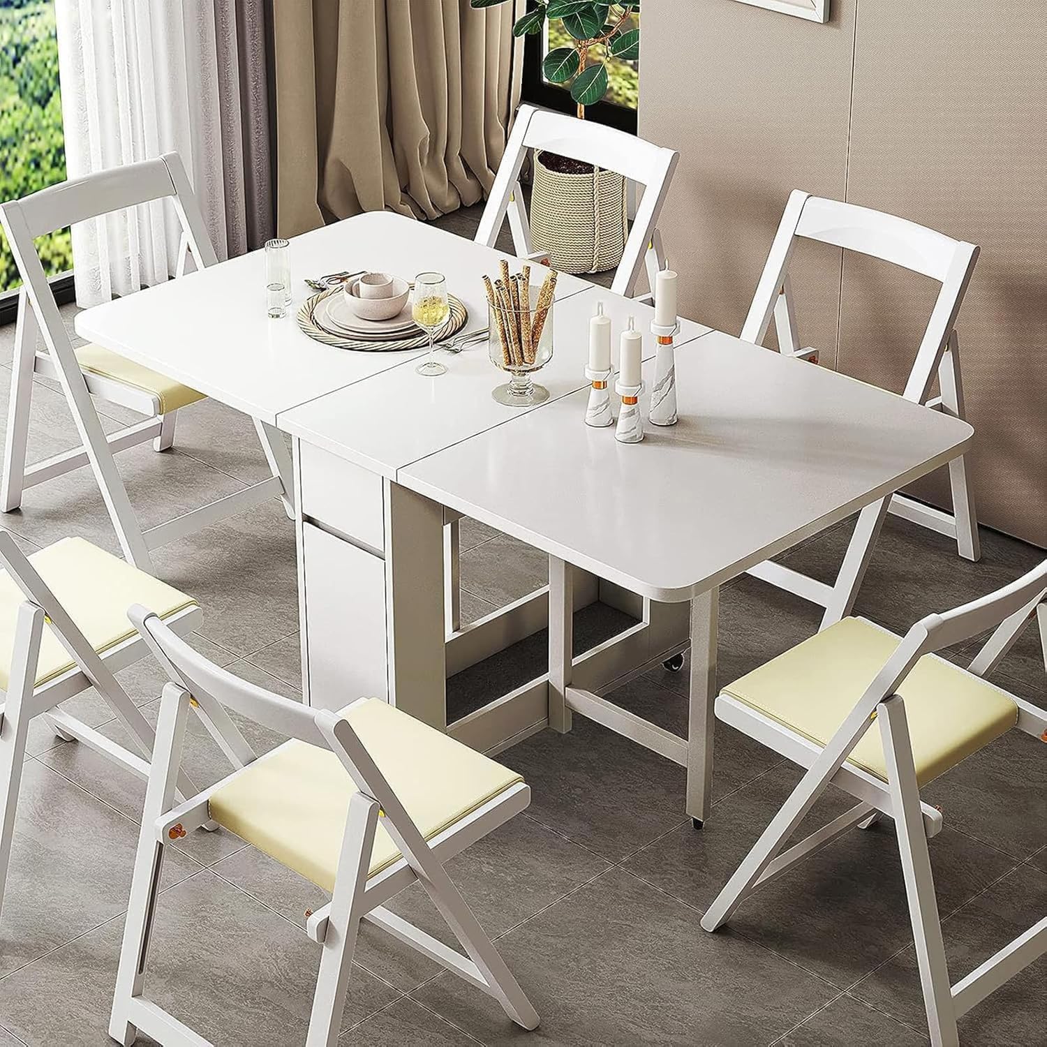 Tavolo da pranzo pieghevole compatto in legno massiccio con 6 sedie, tavolo da cucina multifunzionale per piccoli spazi, mobili salvaspazio, ideale per sala da pranzo e cucina