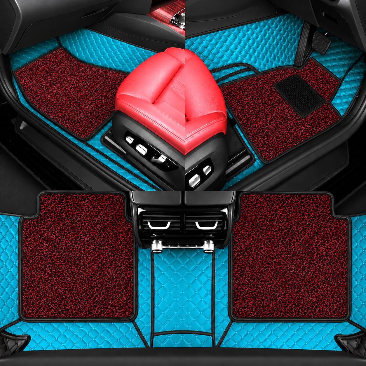 Premium 7D Car Mat for Mahindra XUV 3XO Automatic (All Variant) | Luxury Leather Dual-Stitch Full Set 7D Floor Mats | Color: Full Aqua-Red Grass | Diamond Design-image-9