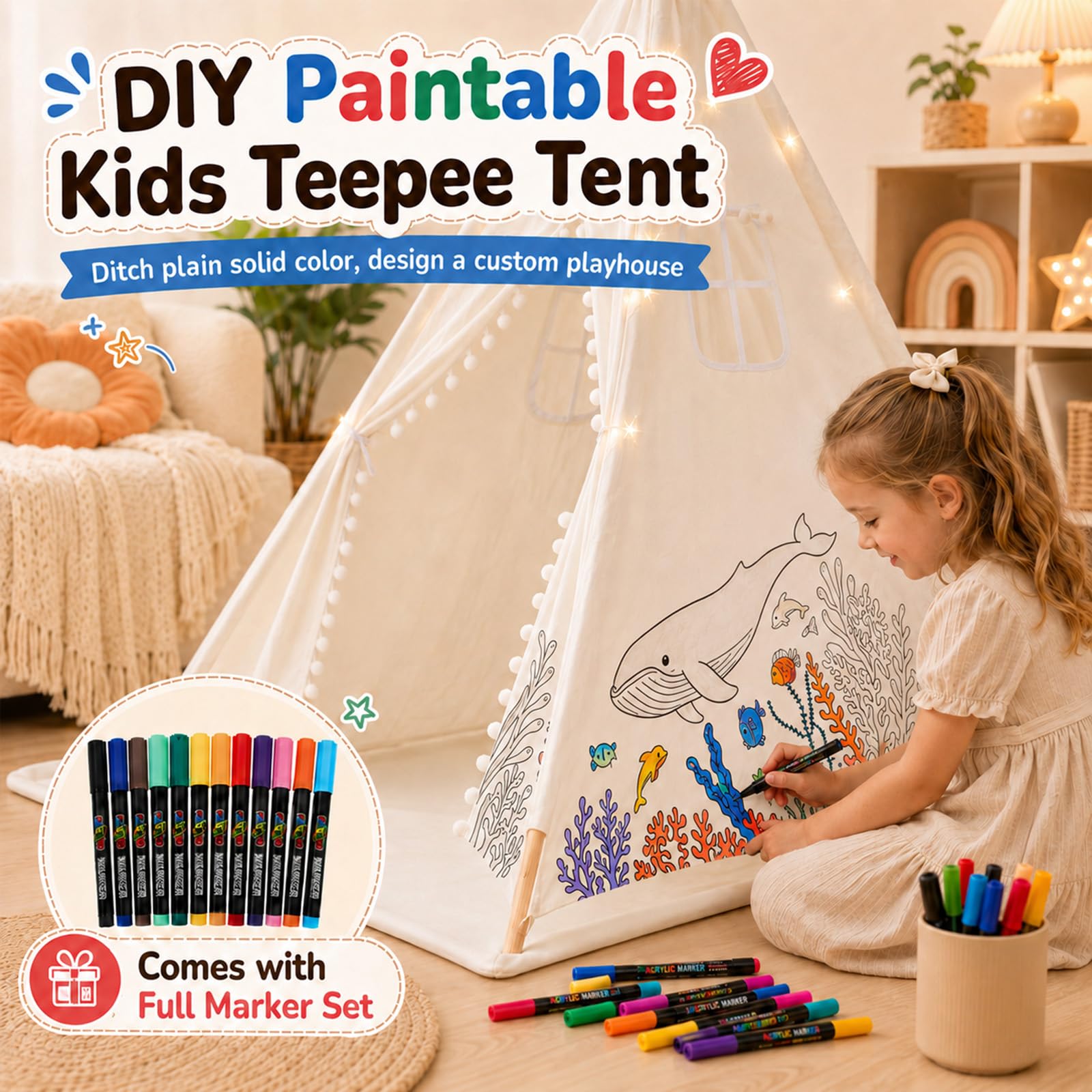 DIY Tipi Zelt für Kinder Indoor mit 12 Pinsel+Lichterkette+Tasche, 120x160cm Waschbar Kinder Zelt Tipi Zelt Kinderzimmer für Mädchen & Jungen – Malen, Spielen & Entspannen im Kinderzimmer