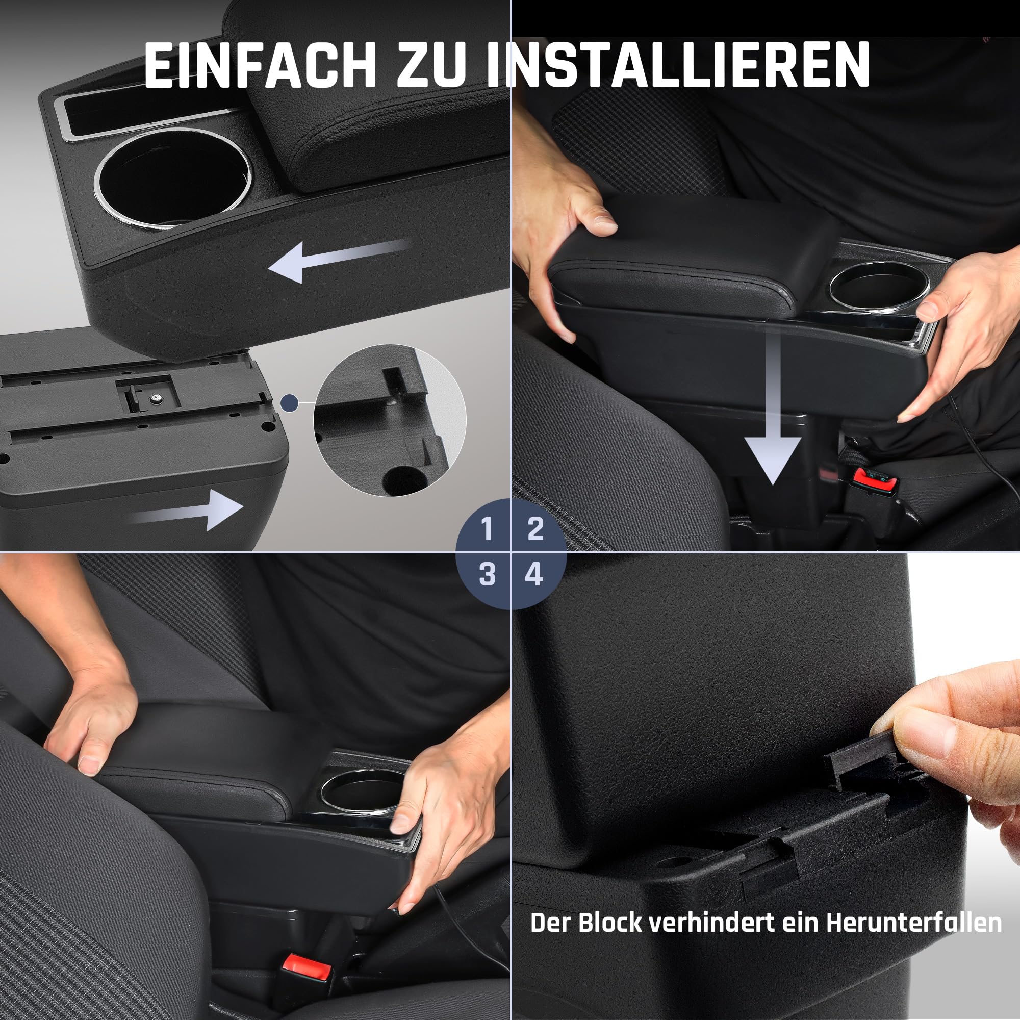 Auto Armlehnen für Fiat 500 2012-2026 Mittelarmlehne | Zweistufiger Stauraum, Mit Getränkehalter, Einfache Montage, PU-Leder,Gilt nur für Bestimmte Modelljahre, Schwarze Nähte