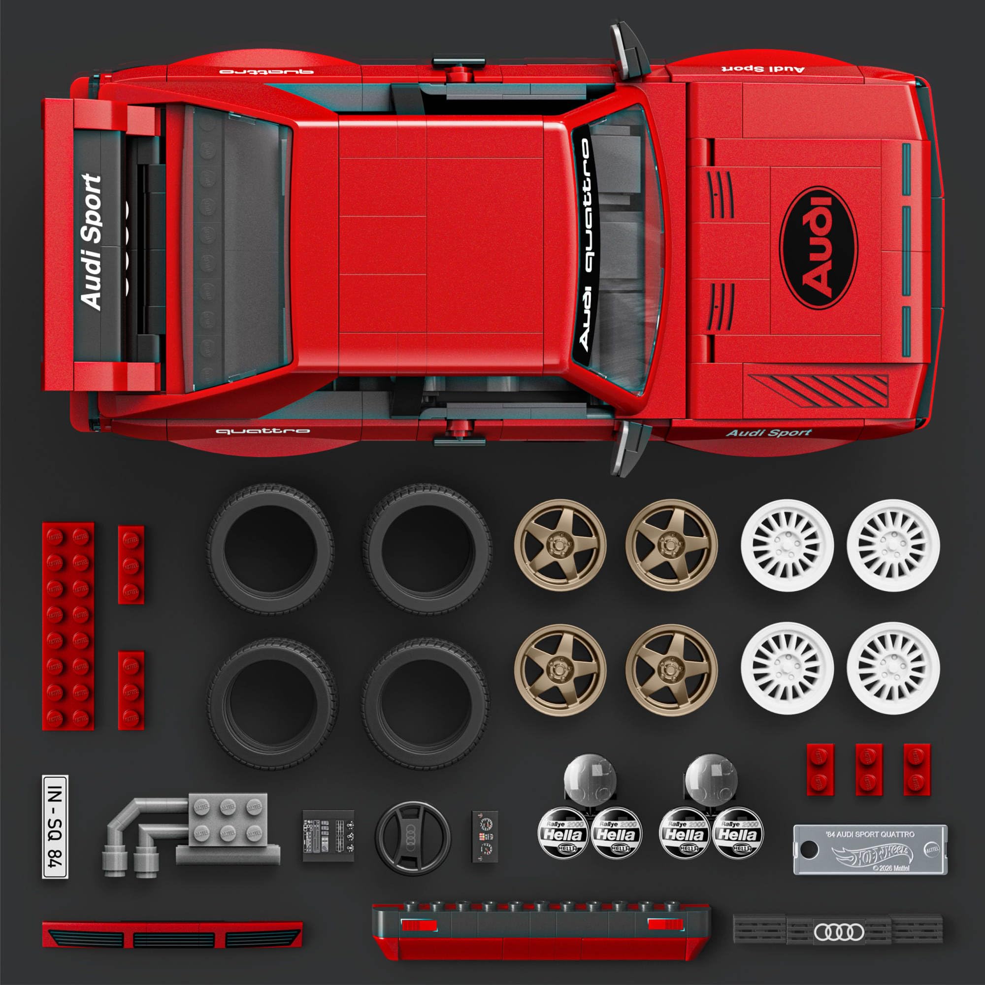 Mattel Brick Shop Hot Wheels Elite Series ’84 Audi Sport Quattro Klocki | Samochód do zbudowania, realistyczne detale i wyjątkowe naklejki, zestaw konstrukcyjny dla kolekcjonerów i dzieci 10+, JLK39