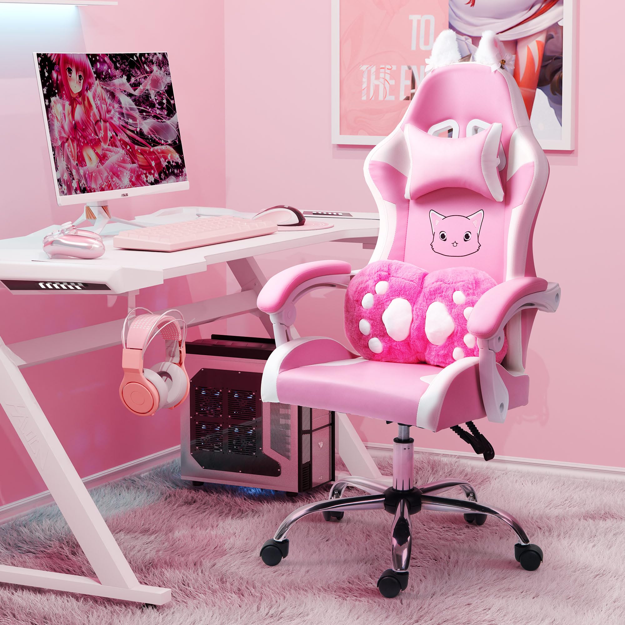 ALEAVIC Pink Gaming Chair with Cat Paw Lumbar Cushion and Cat Ears, Reclining PC Game Computer Chairs, Ergonomic Gamer Chair for Kids, Girls, Teens