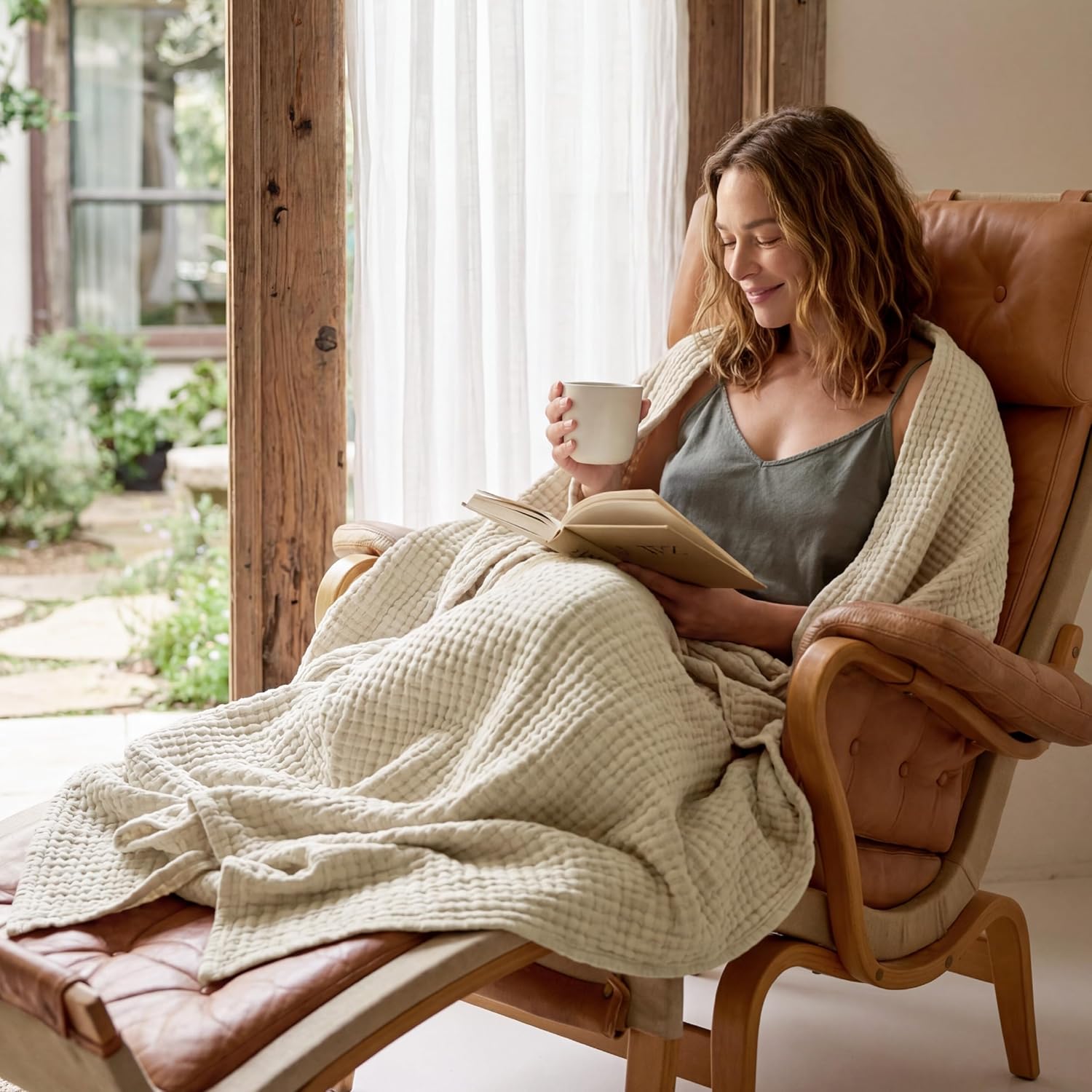 Bedsure 100% Cotton Muslin Blankets for Adults Large Throw 50x70 Inches - 4-Layer Breathable and Lightweight, Soft Boho Gauze Muslin Cotton Blanket for Couch Decor Travel Summer, Linen Beige - Image 9