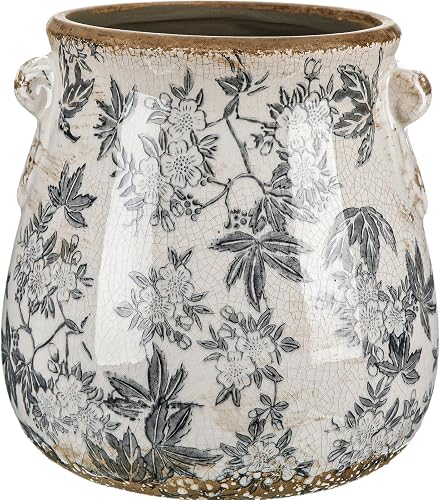 Ceramic Scroll Planter 6.5 Inch, Gray Glaze | Chinoiserie Floral Vase with Drainage Holes Vintage Flower Pot Rustic Pots for Indoor Plants Garden Home Bookshelf Decor