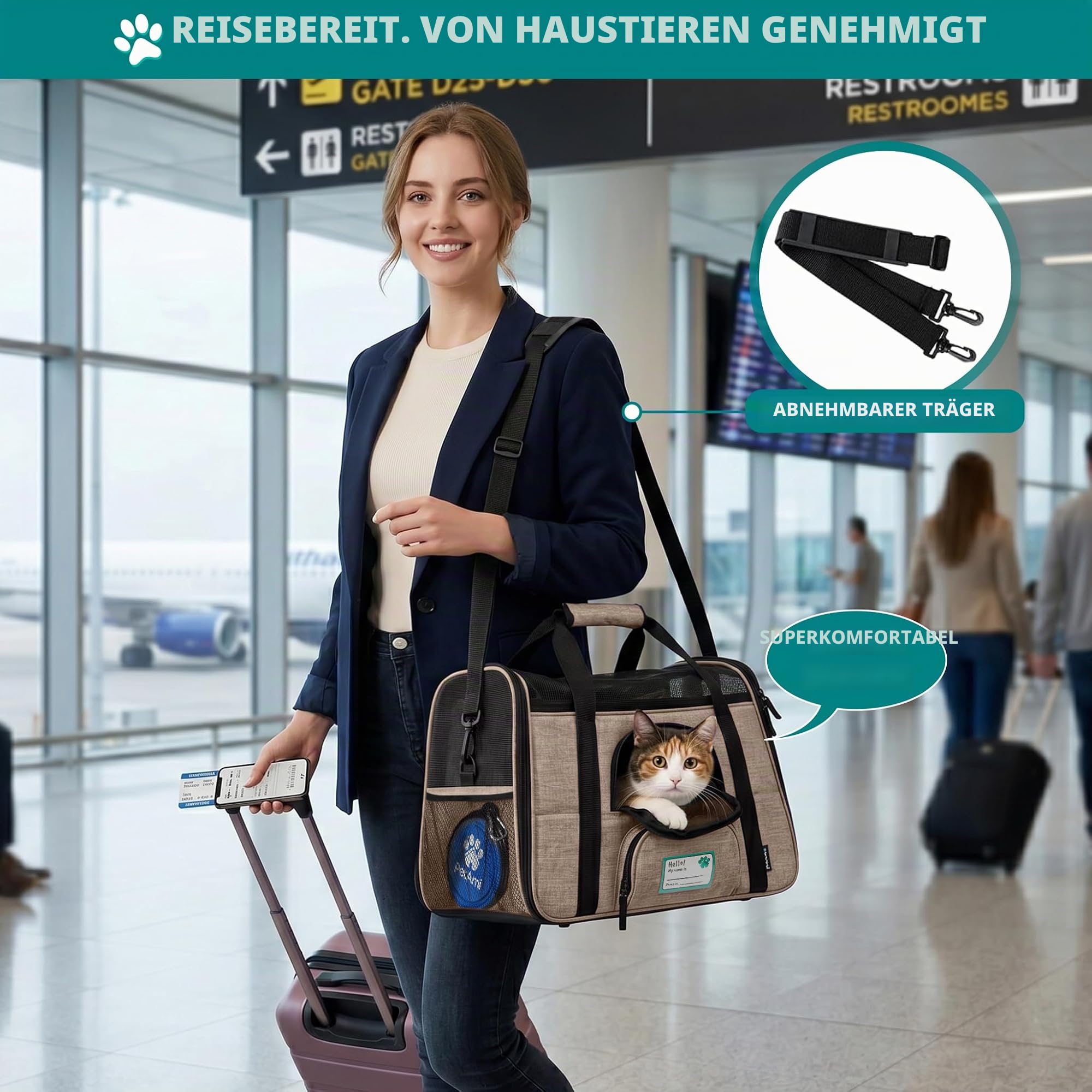 PetAmi Premium Fluggesellschaften zugelassene weiche HaustierReisetasche | belüftetes, Komfortables Design mit Sicherheitsfunktionen | ideal für kleine bis mittelgroße Katzen, Hunde und Haustiere
