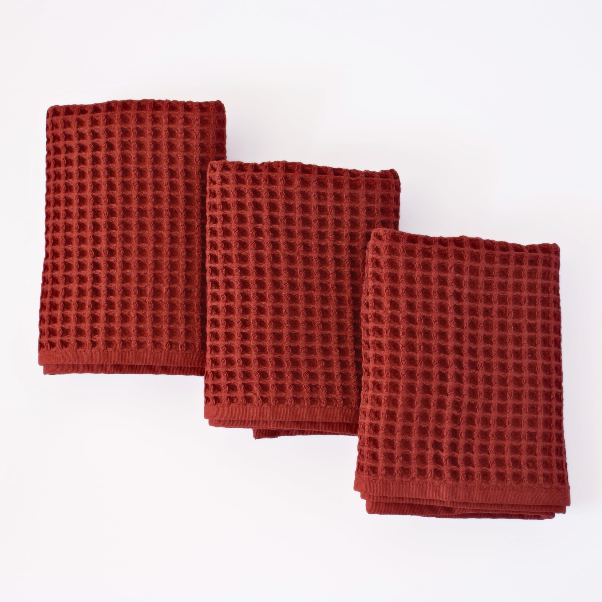 PÜSKÜL Organic Waffle Kitchen Towel 100% Turkish Cotton Set of 3 Red Brick - Premium Quality, Soft, Quick-Dry, Absorbent, Lint-Free Hand Towels 32X16