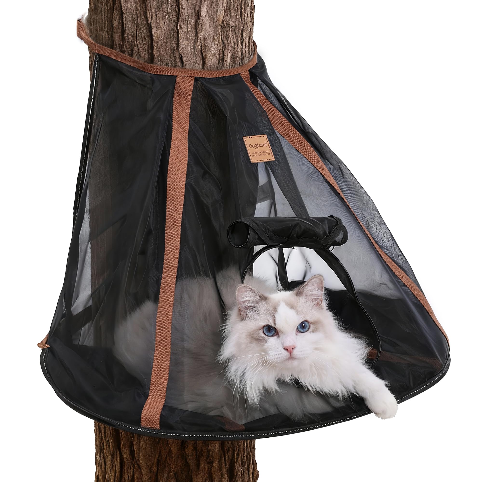 Kegelförmige Katzenhängematte für den Außenbereich, atmungsaktives Netzgewebe mit aufrollbarer Tür, tragbares, faltbares Katzenbett zum Aufhängen, für Bäume über 48 cm